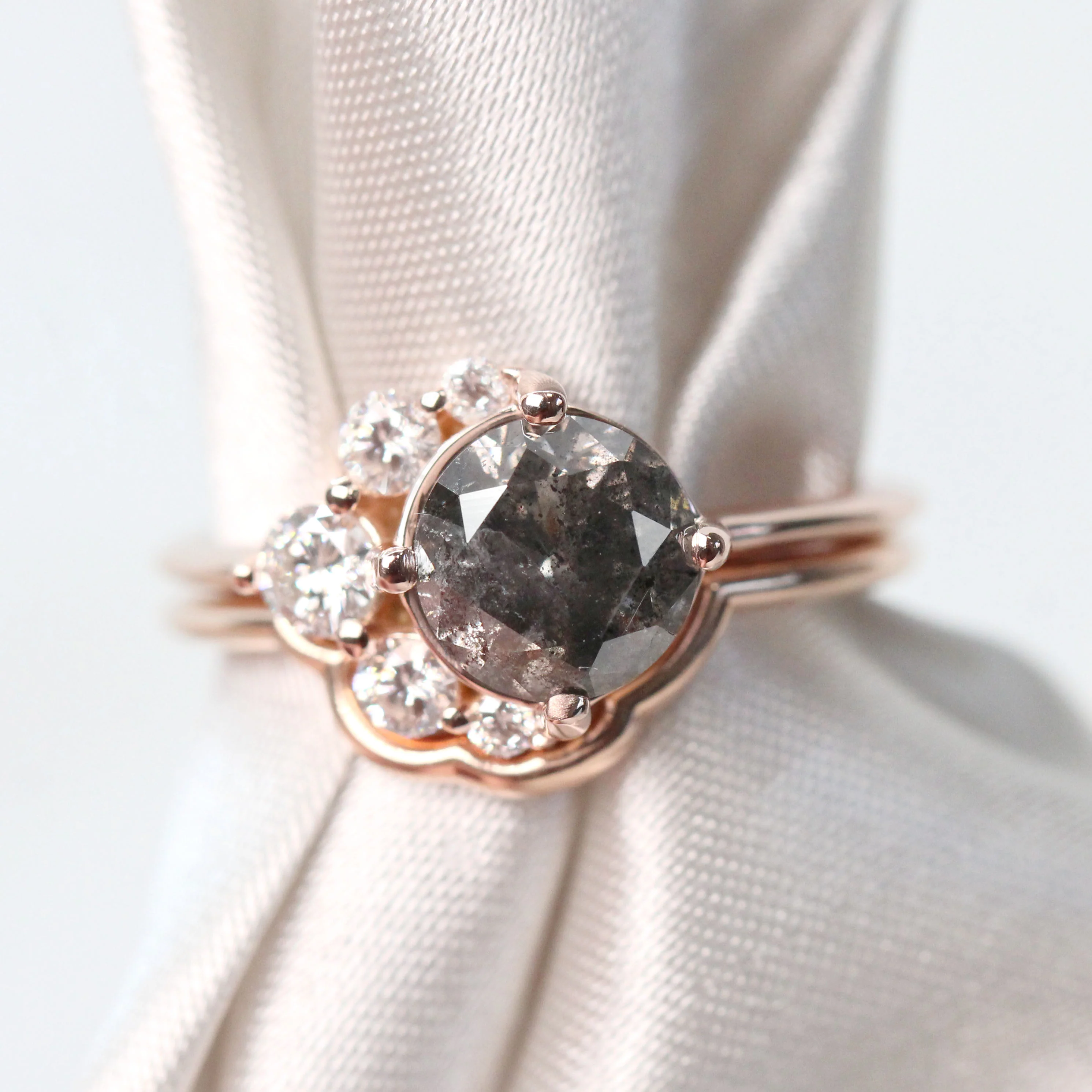 Carell Ring & Contour Band with a 1.98 Carat Round Black Salt and Pepper Diamond and White Accent Diamonds in 14k Rose Gold - Ready to Size and Ship - Image 10