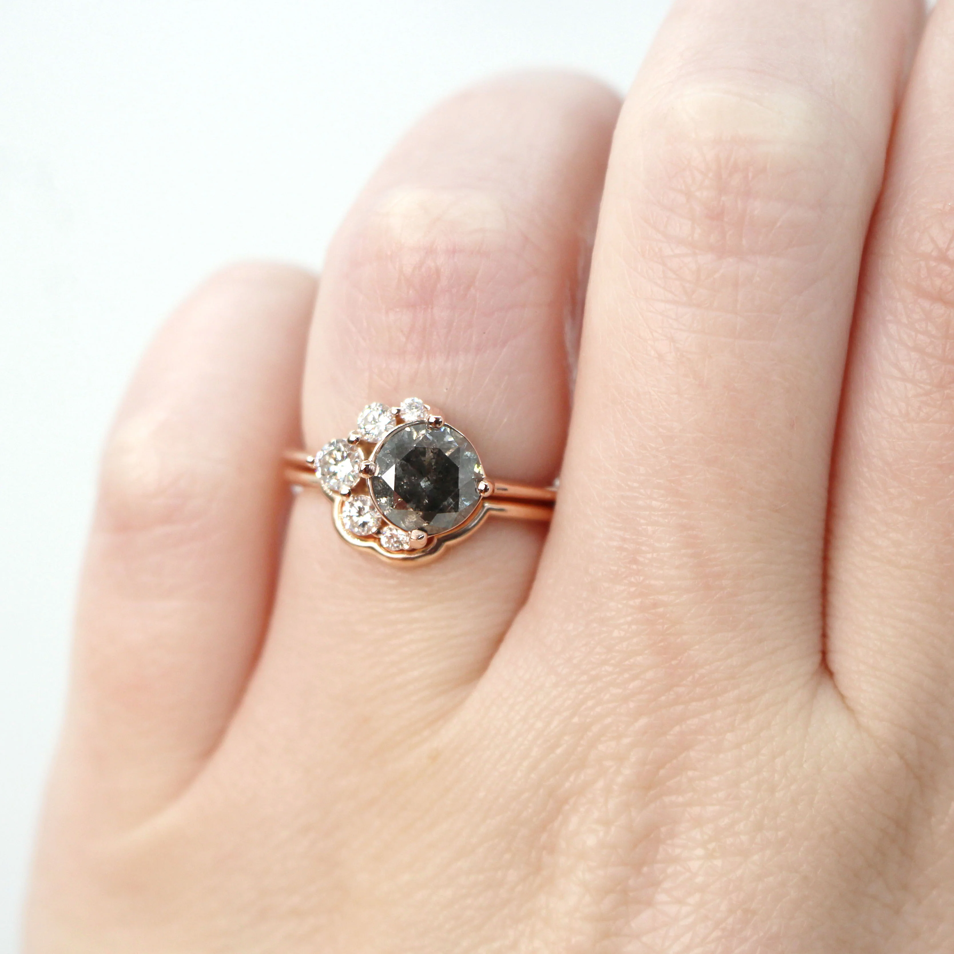 Carell Ring & Contour Band with a 1.98 Carat Round Black Salt and Pepper Diamond and White Accent Diamonds in 14k Rose Gold - Ready to Size and Ship - Image 3