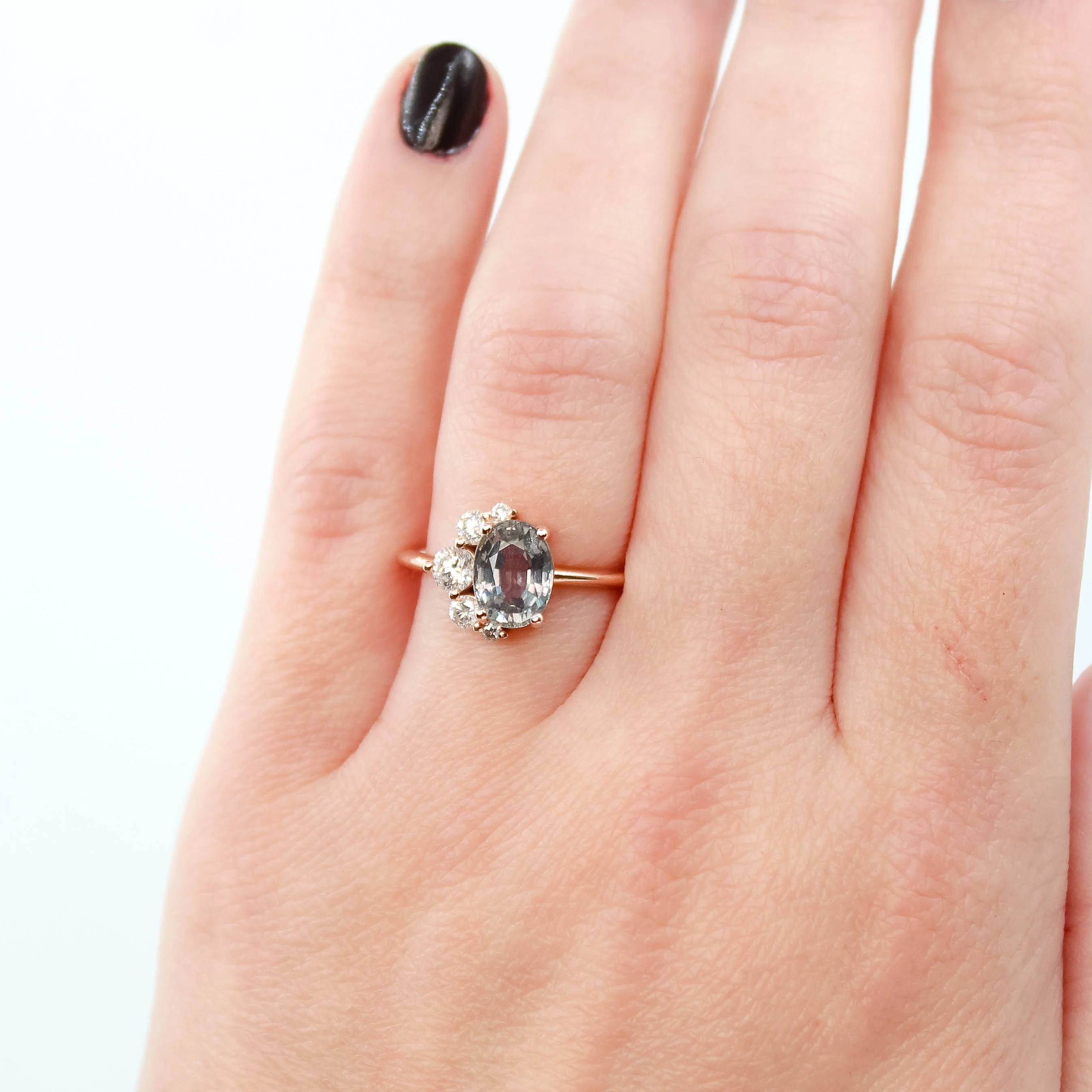 Carell Ring with a 1.97 Carat Gray Oval Sapphire and White Accent Diamonds in 10k Rose Gold - Ready to Size and Ship - Image 2
