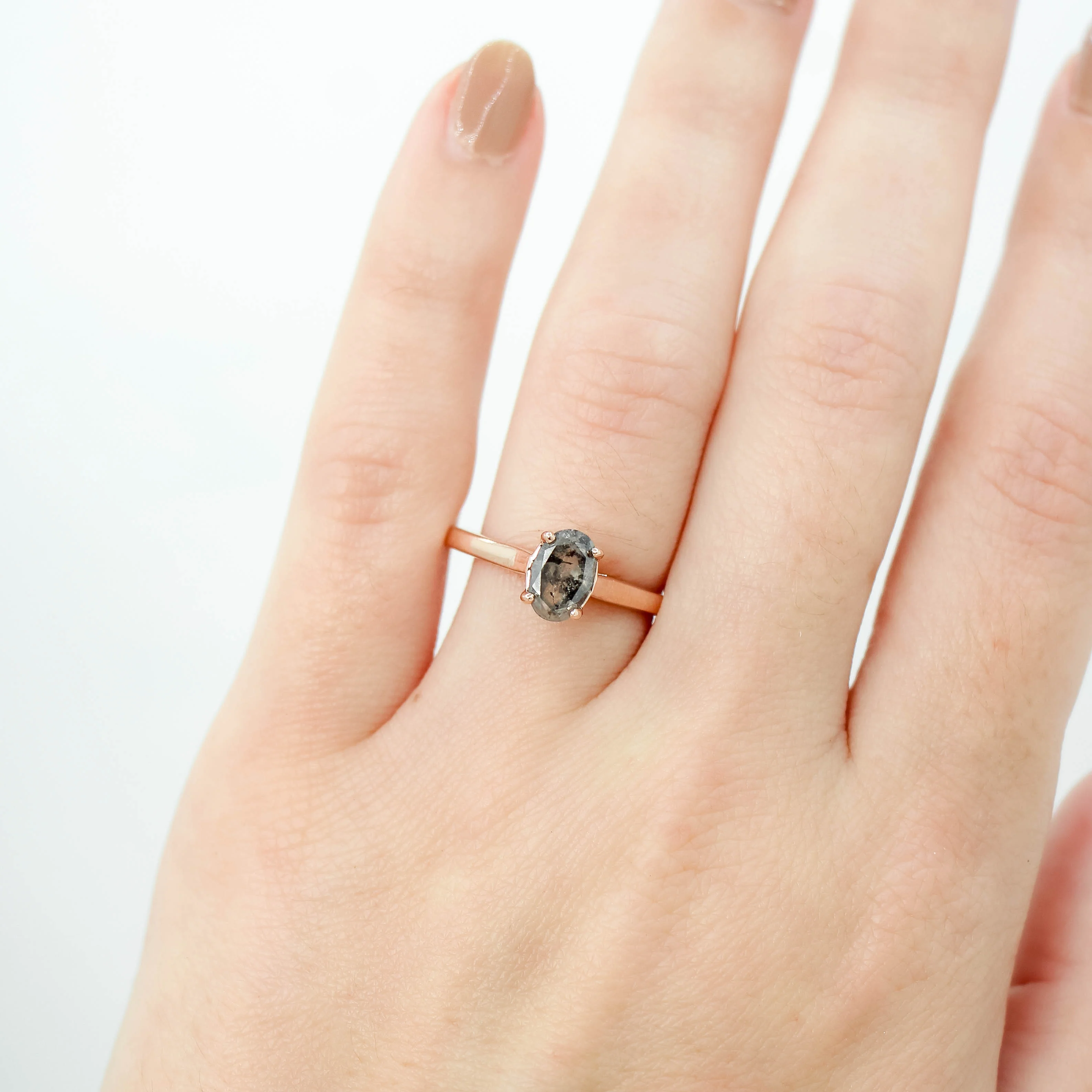 Charlie Ring with a 1.24 Carat Dark Gray Salt and Pepper Oval Diamond and Hidden Accent Diamonds in 14k Rose Gold - Ready to Size and Ship - Image 2