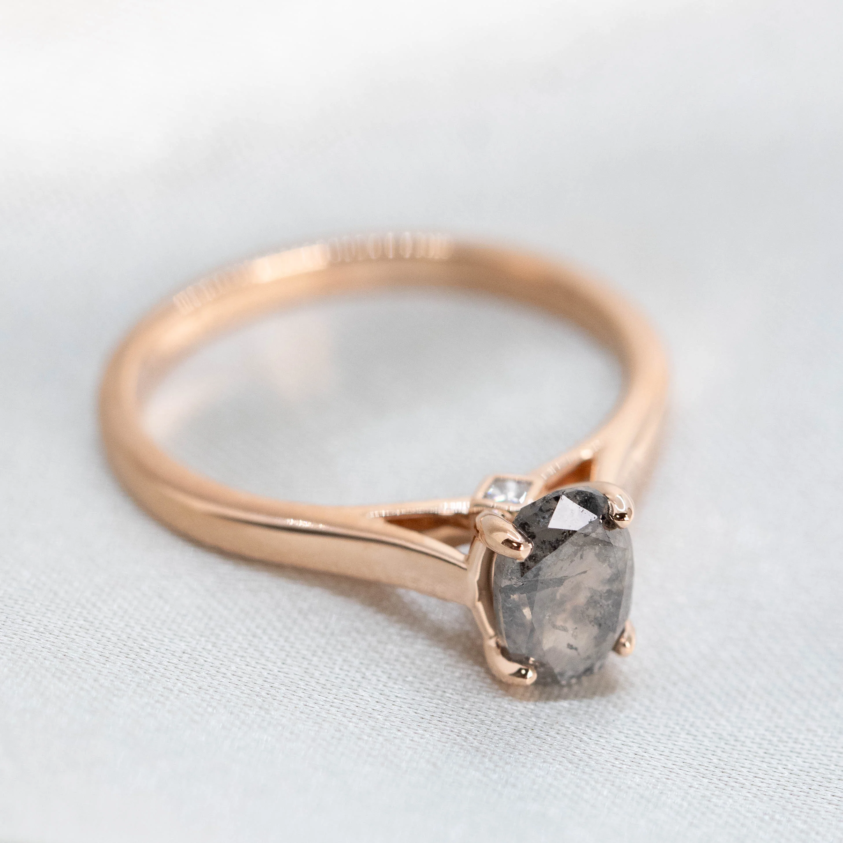 Charlie Ring with a 1.24 Carat Dark Gray Salt and Pepper Oval Diamond and Hidden Accent Diamonds in 14k Rose Gold - Ready to Size and Ship - Image 9