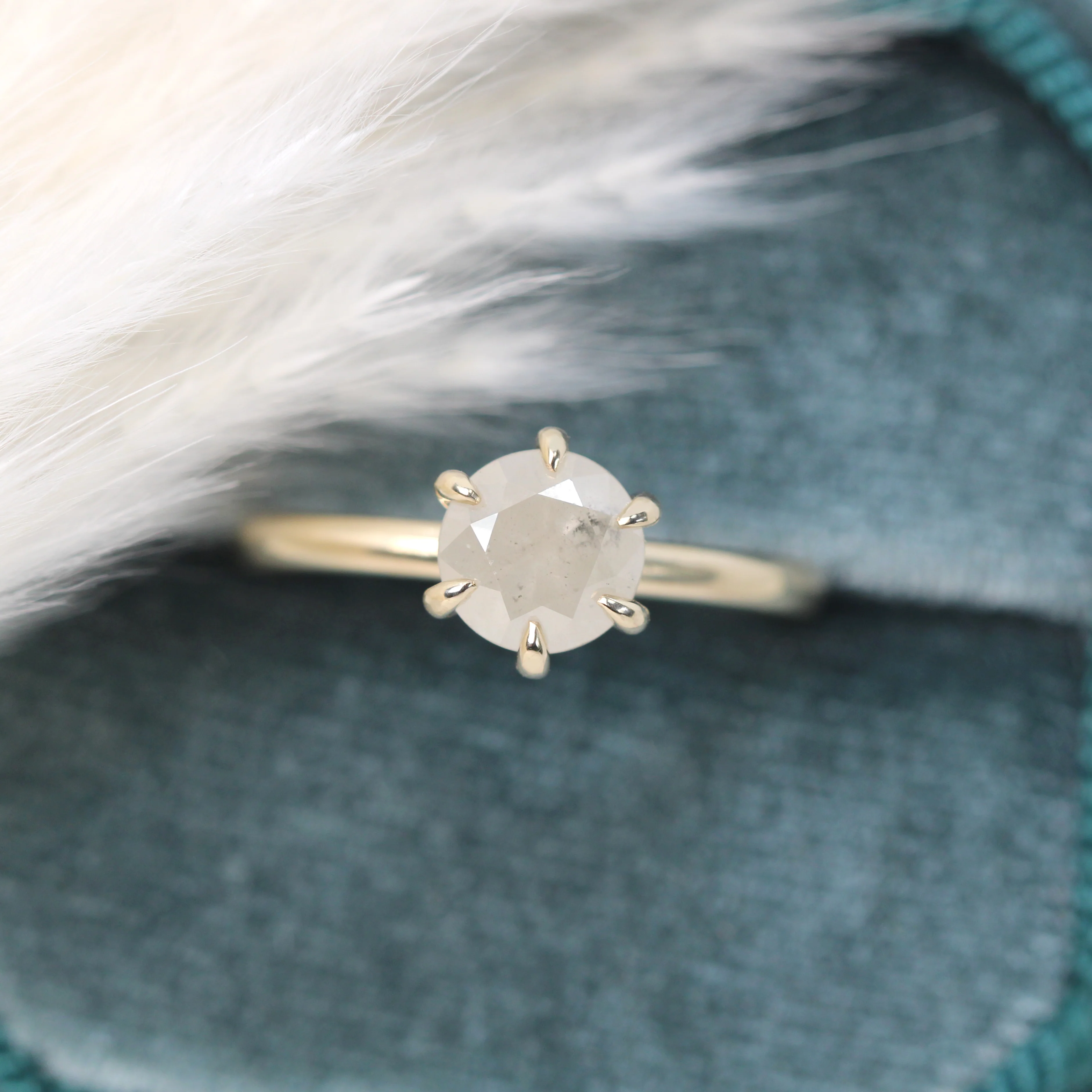 Charlotte Ring with a 1.55 Carat Round Misty White Salt and Pepper Diamond in 14k Yellow Gold - Ready to Size and Ship - Image 7