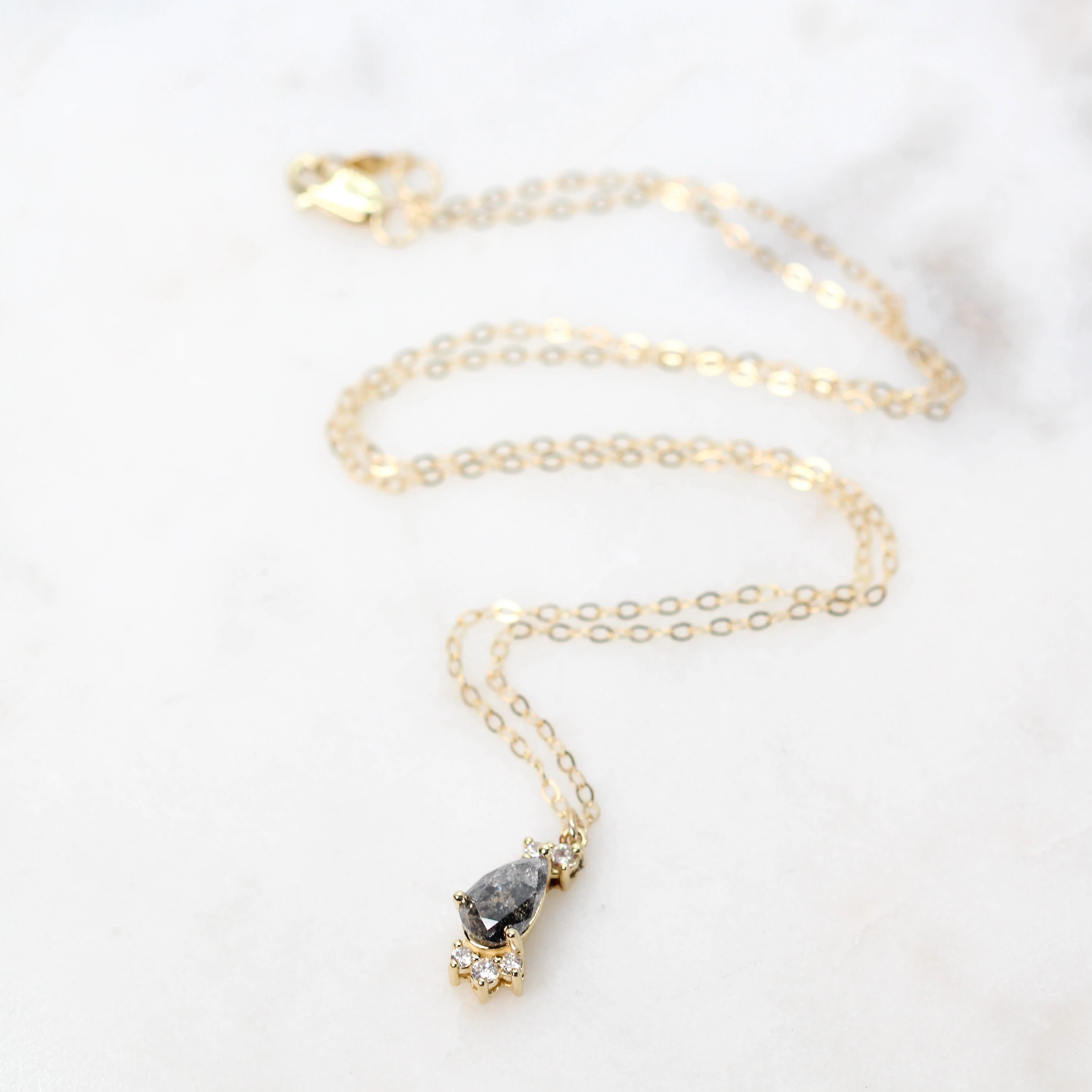 Christina Necklace with a 0.73 Carat Dark Gray Pear Salt and Pepper Diamond and White Accent Diamonds in 14k Yellow Gold - Ready to Ship