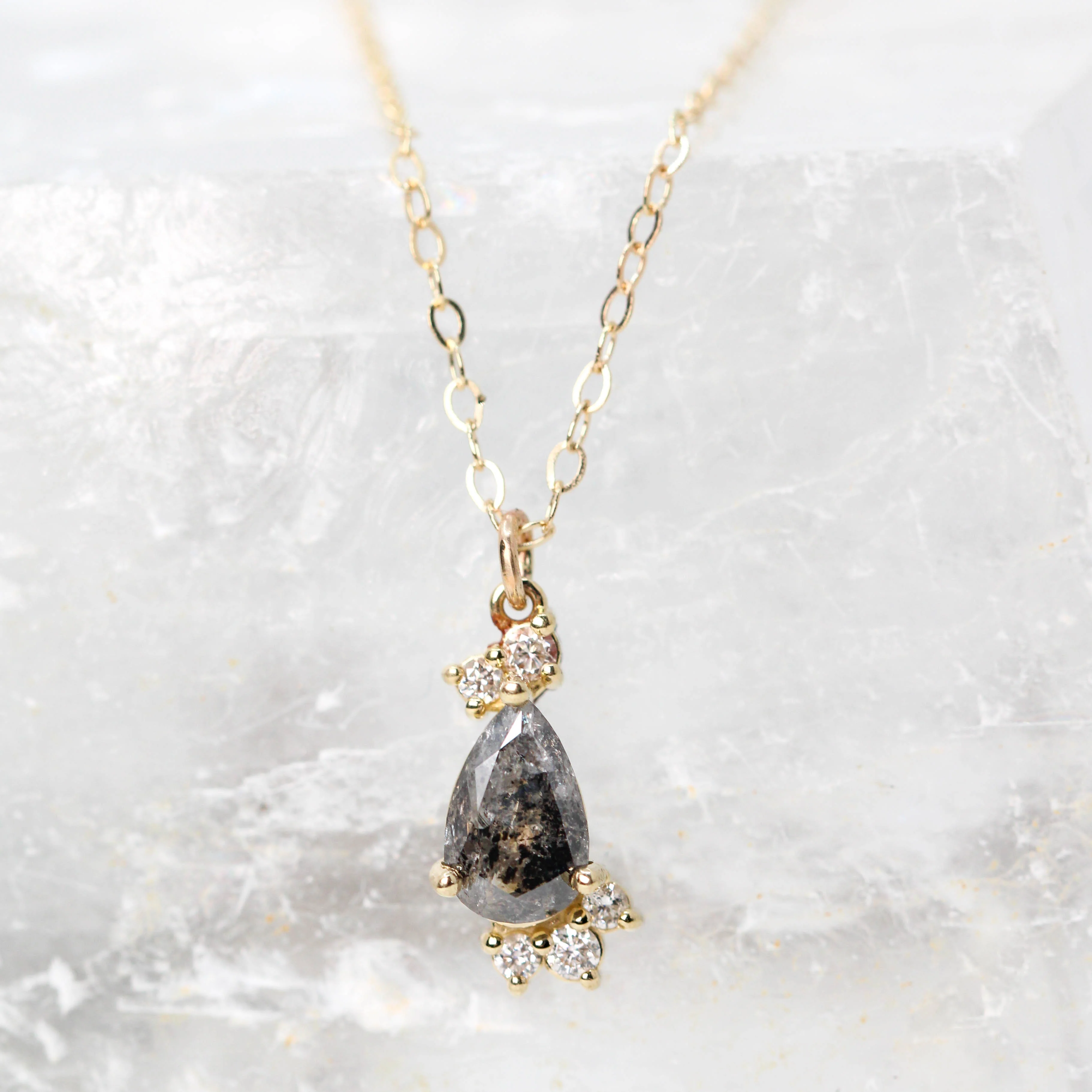 Christina Necklace with a 0.73 Carat Dark Gray Pear Salt and Pepper Diamond and White Accent Diamonds in 14k Yellow Gold - Ready to Ship - Image 4