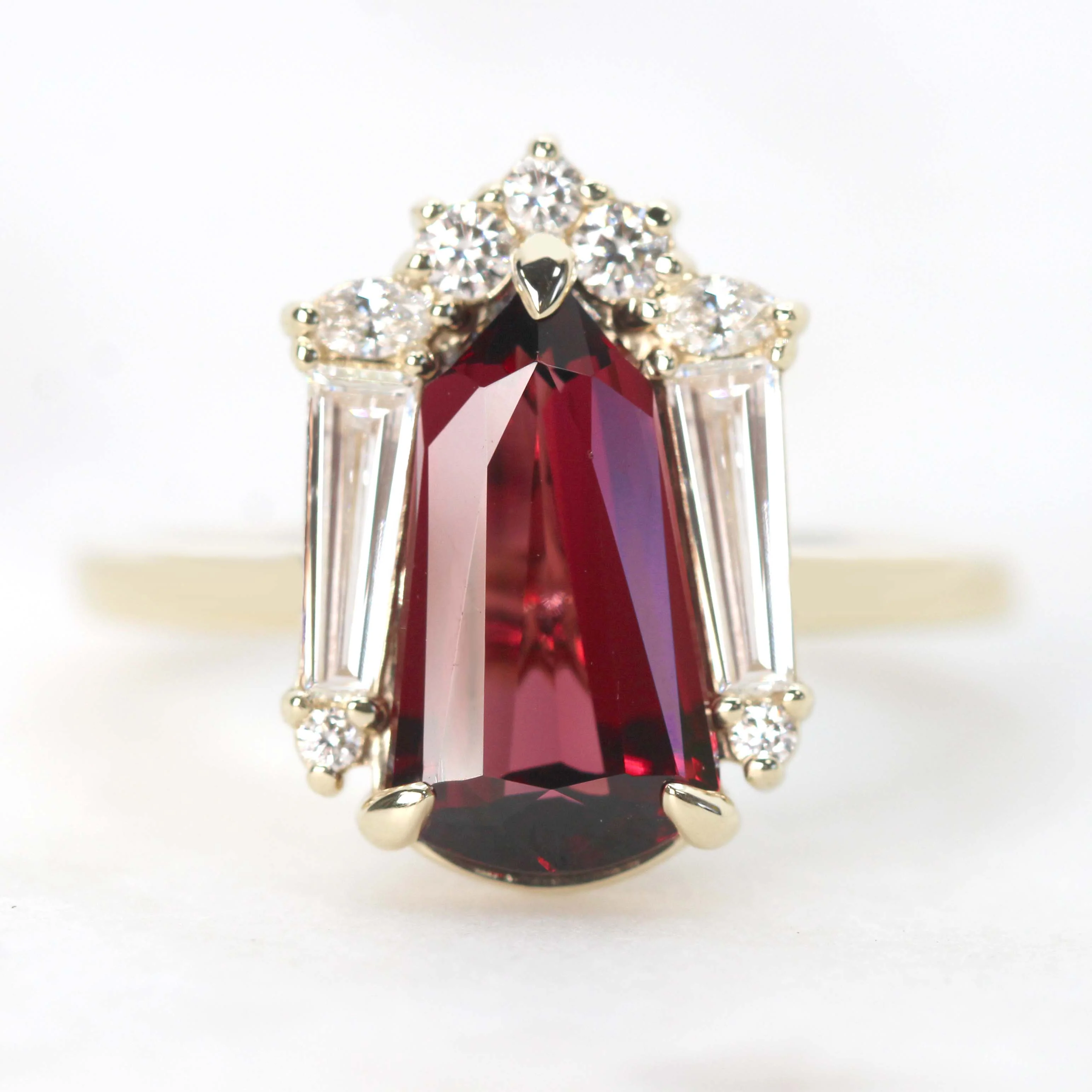 Project: Custom Christine Ring with a 2.5 Carat Shield Cut Garnet and White Accent Diamonds in 14k