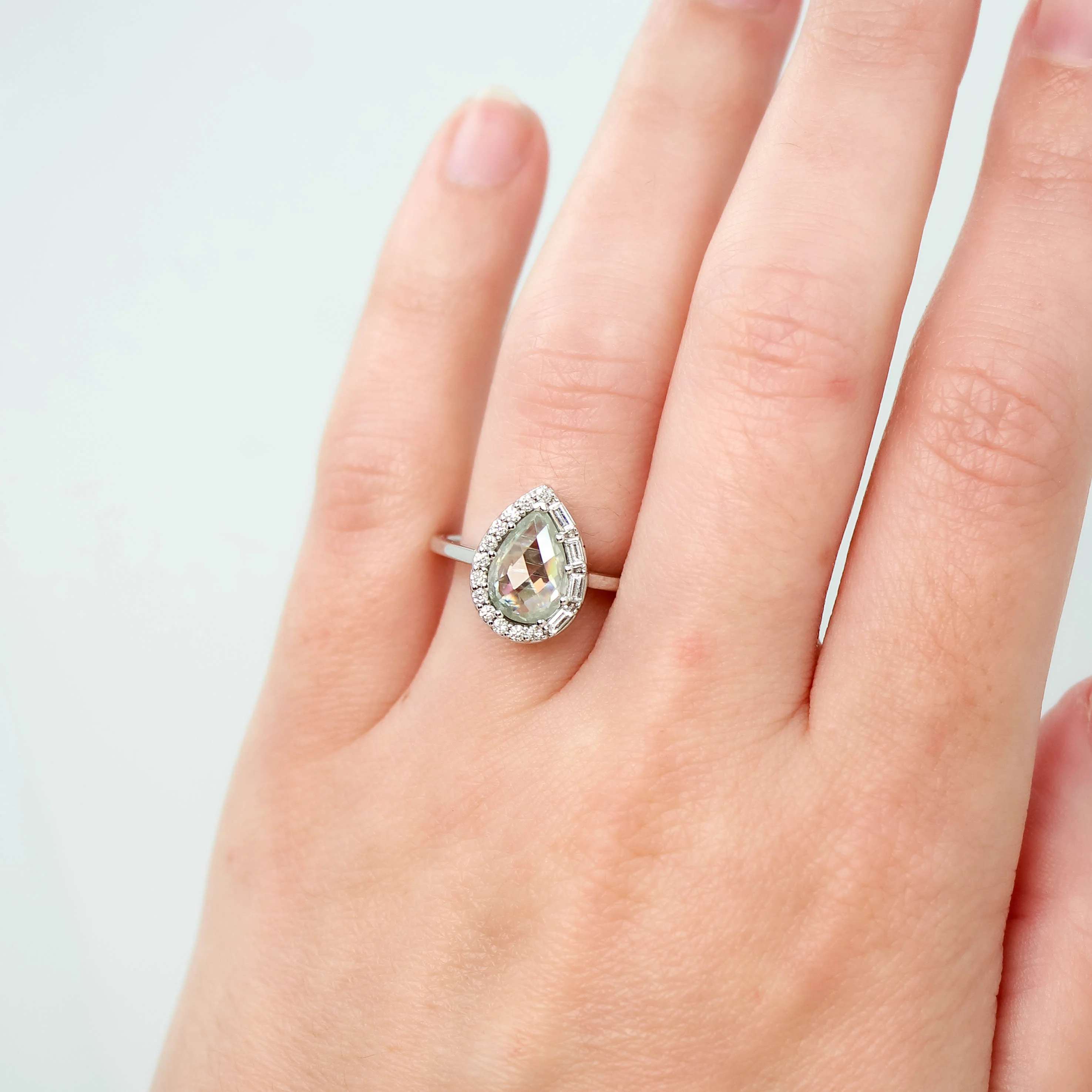 Collins Ring with a 1.00 Carat Clear Pear Moissanite and White Accent Diamonds in 10k White Gold - Ready to Size and Ship - Image 2