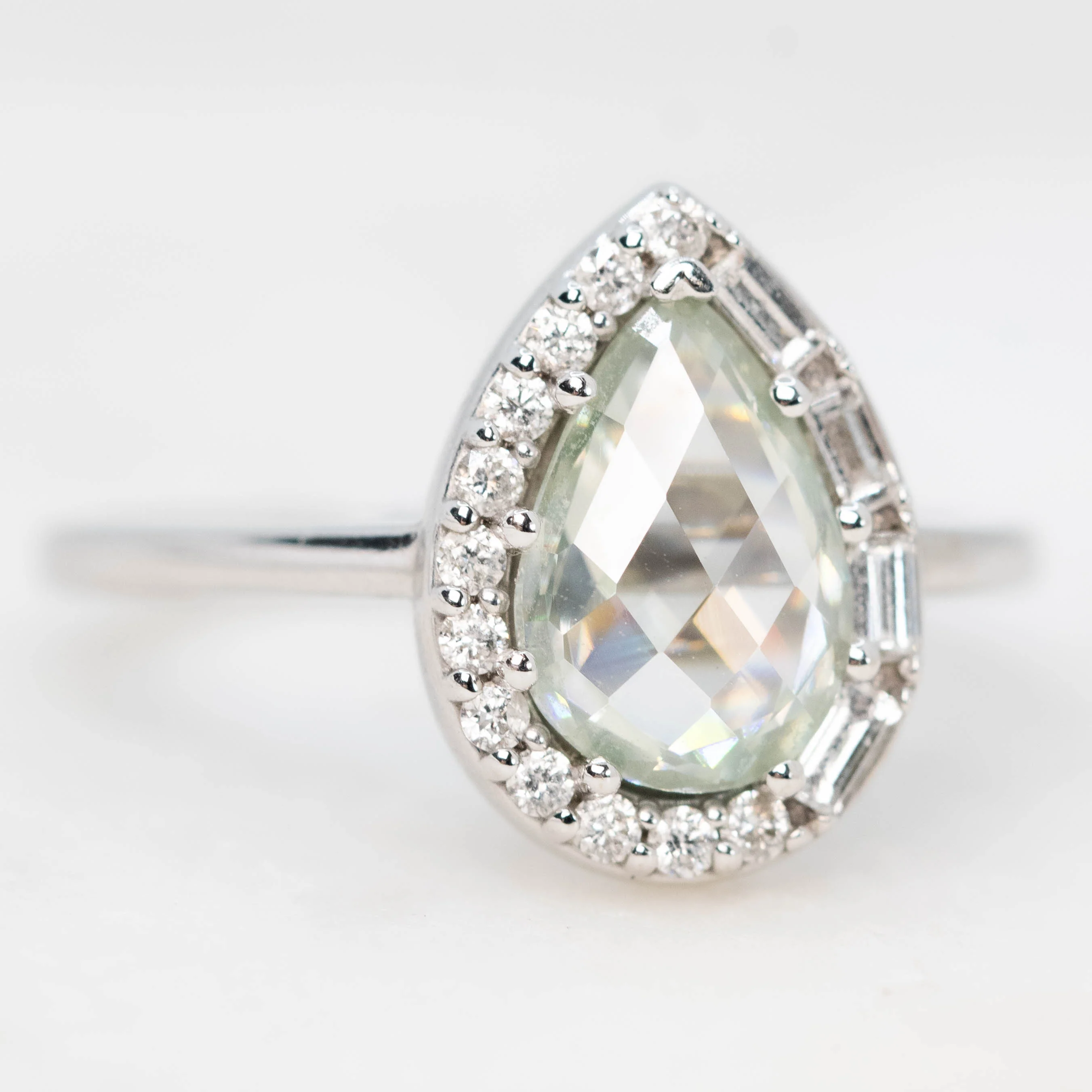 Collins Ring with a 1.00 Carat Clear Pear Moissanite and White Accent Diamonds in 10k White Gold - Ready to Size and Ship - Image 3