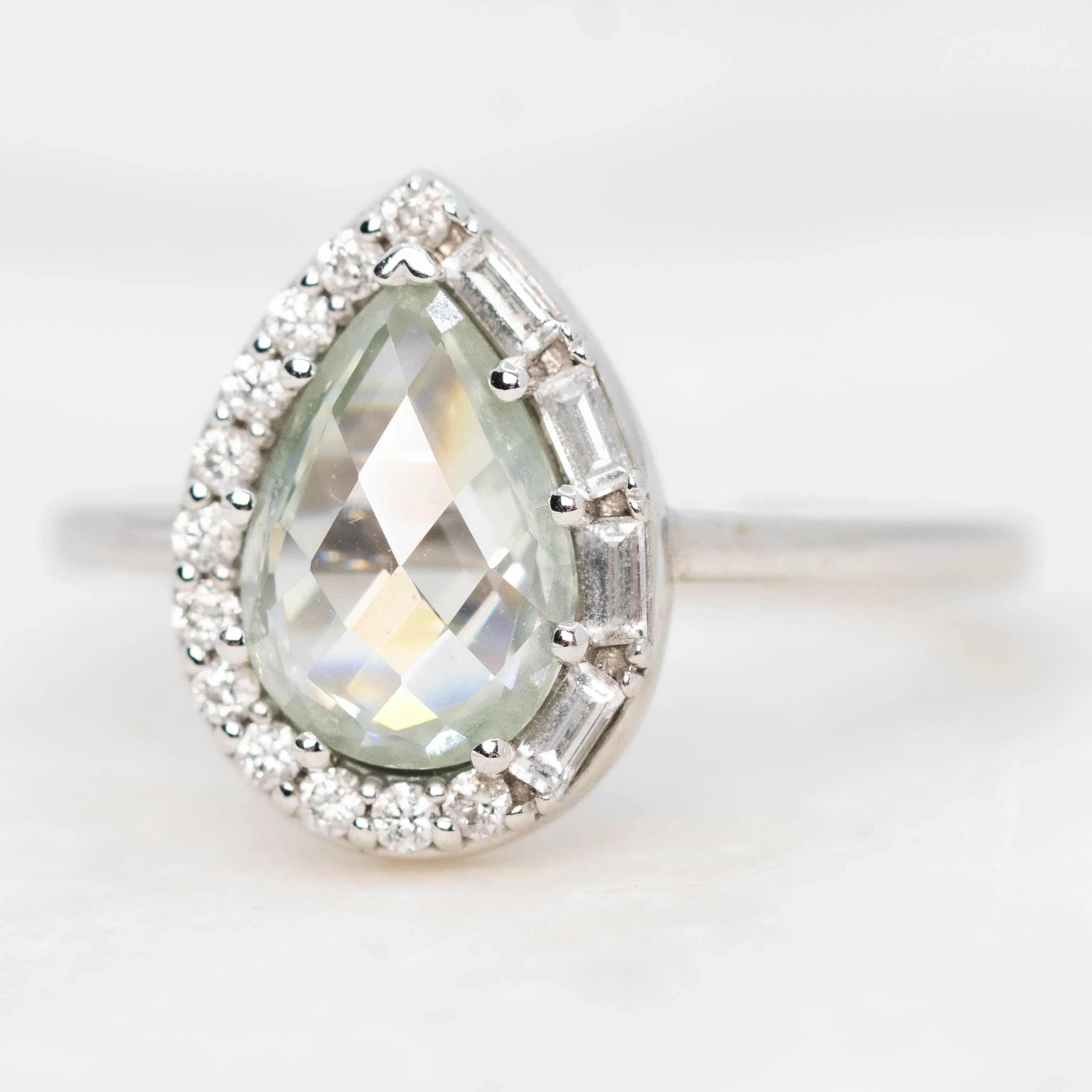 Collins Ring with a 1.00 Carat Clear Pear Moissanite and White Accent Diamonds in 10k White Gold - Ready to Size and Ship - Image 5