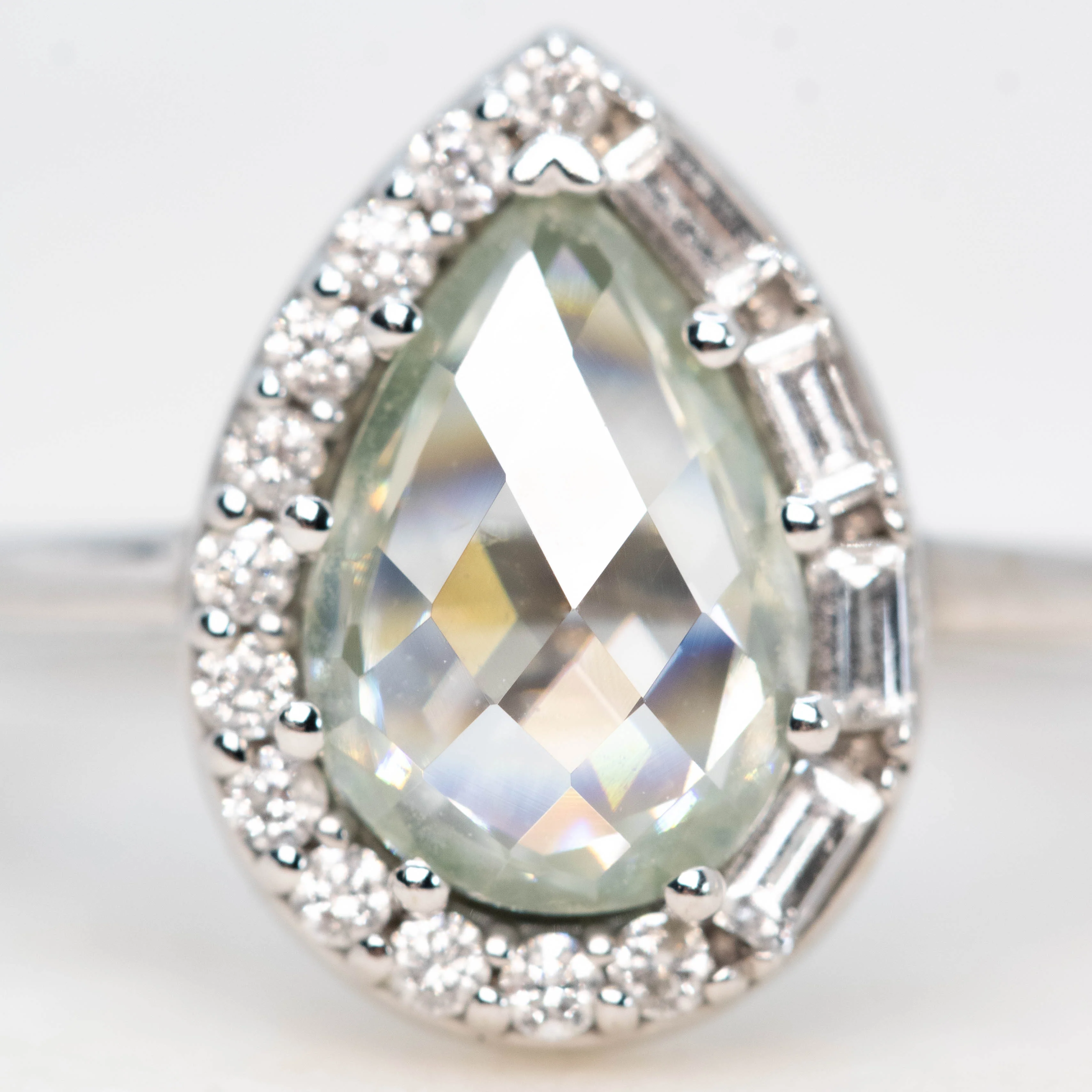 Collins Ring with a 1.00 Carat Clear Pear Moissanite and White Accent Diamonds in 10k White Gold - Ready to Size and Ship - Image 7