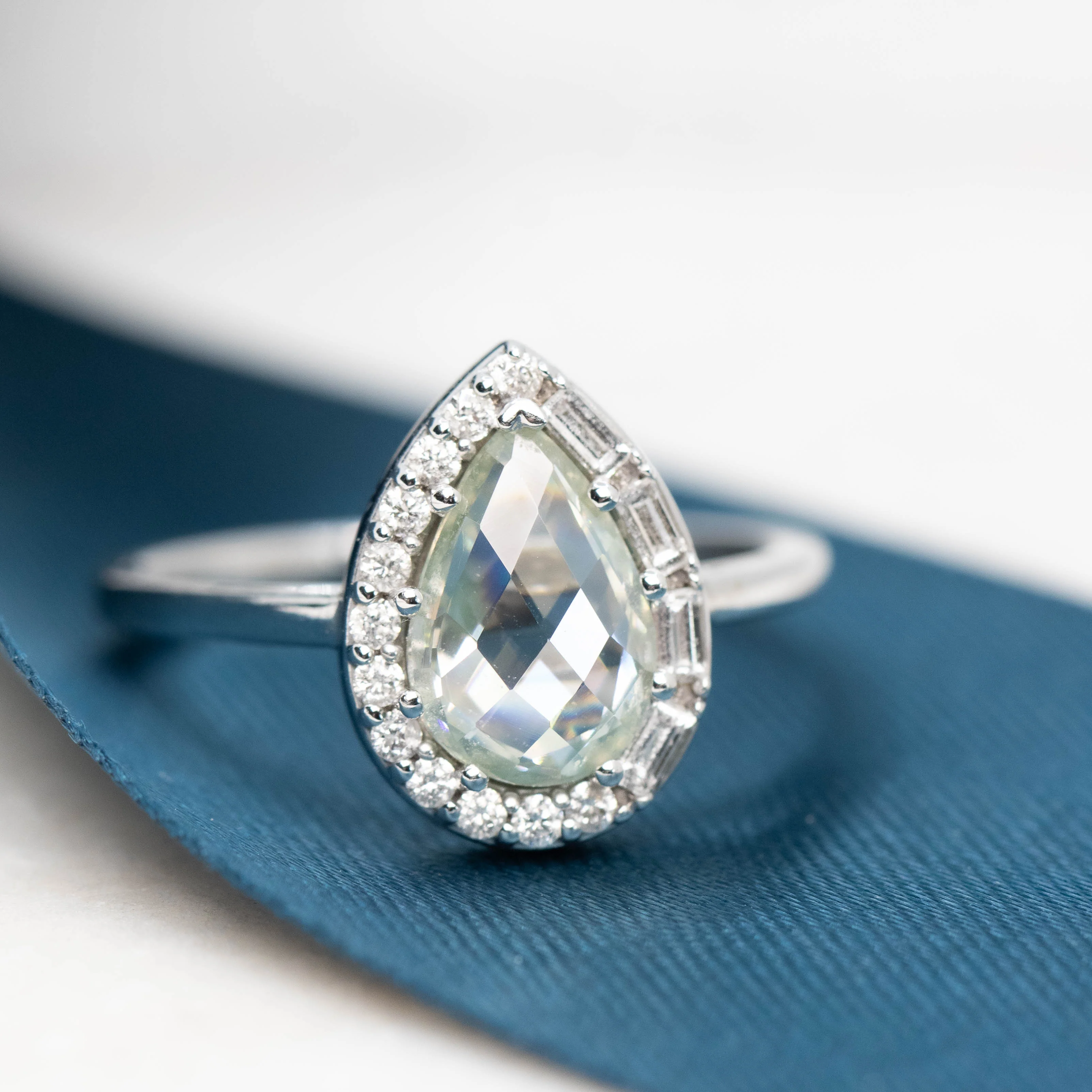 Collins Ring with a 1.00 Carat Clear Pear Moissanite and White Accent Diamonds in 10k White Gold - Ready to Size and Ship - Image 8