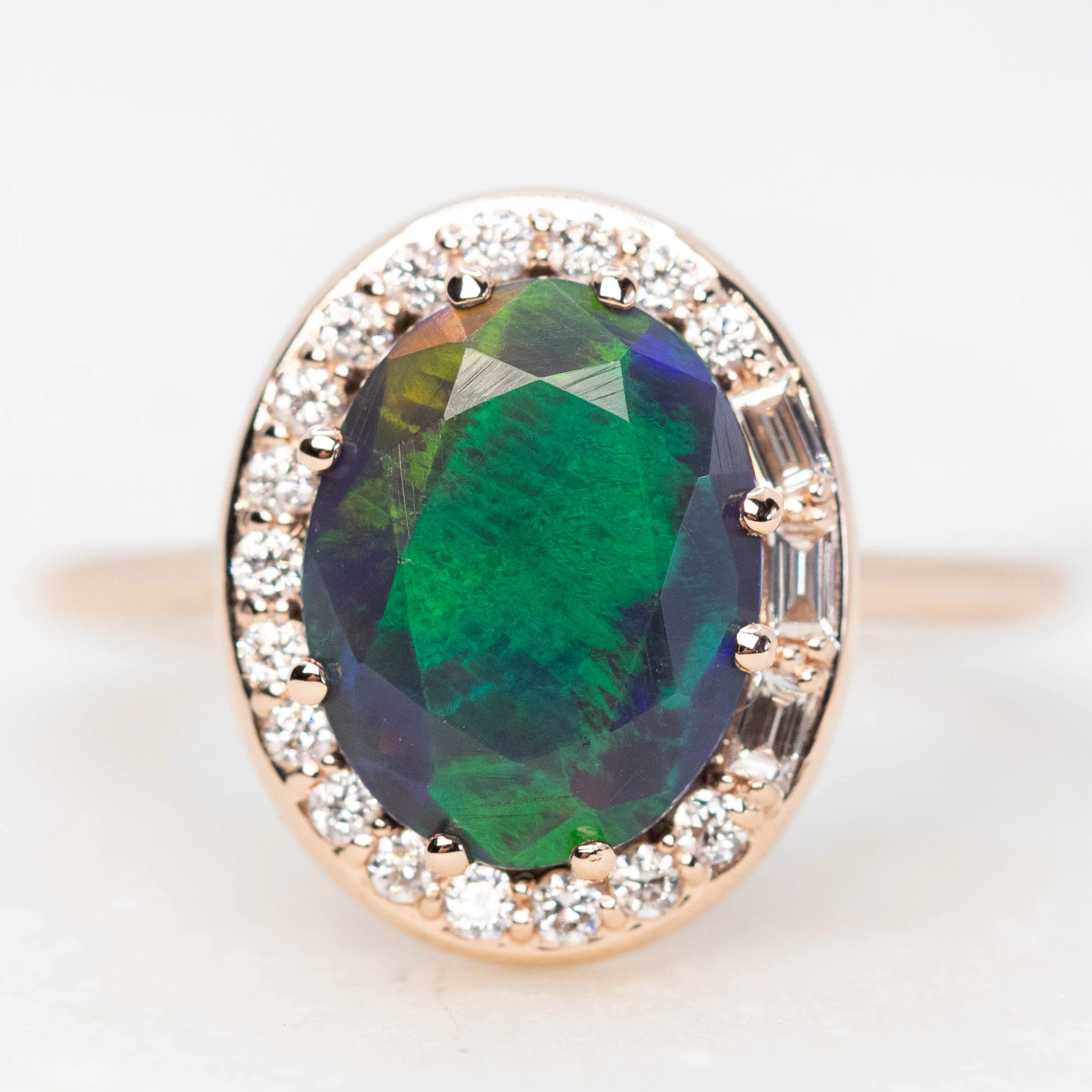 Collins Ring with a 1.35 Carat Black Oval Opal and White Accent Diamonds in 14k Rose Gold - Ready to Size and Ship
