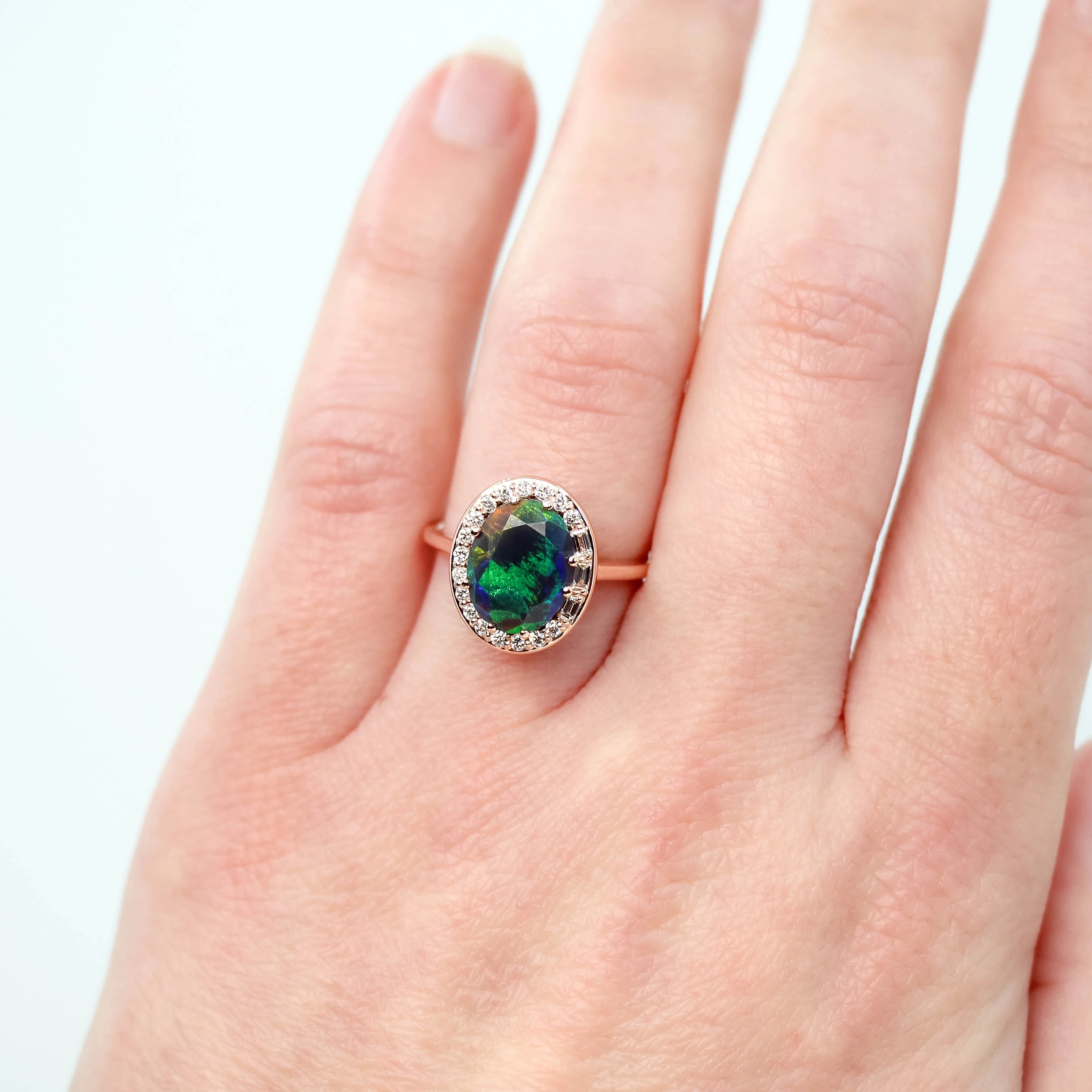 Collins Ring with a 1.35 Carat Black Oval Opal and White Accent Diamonds in 14k Rose Gold - Ready to Size and Ship - Image 2
