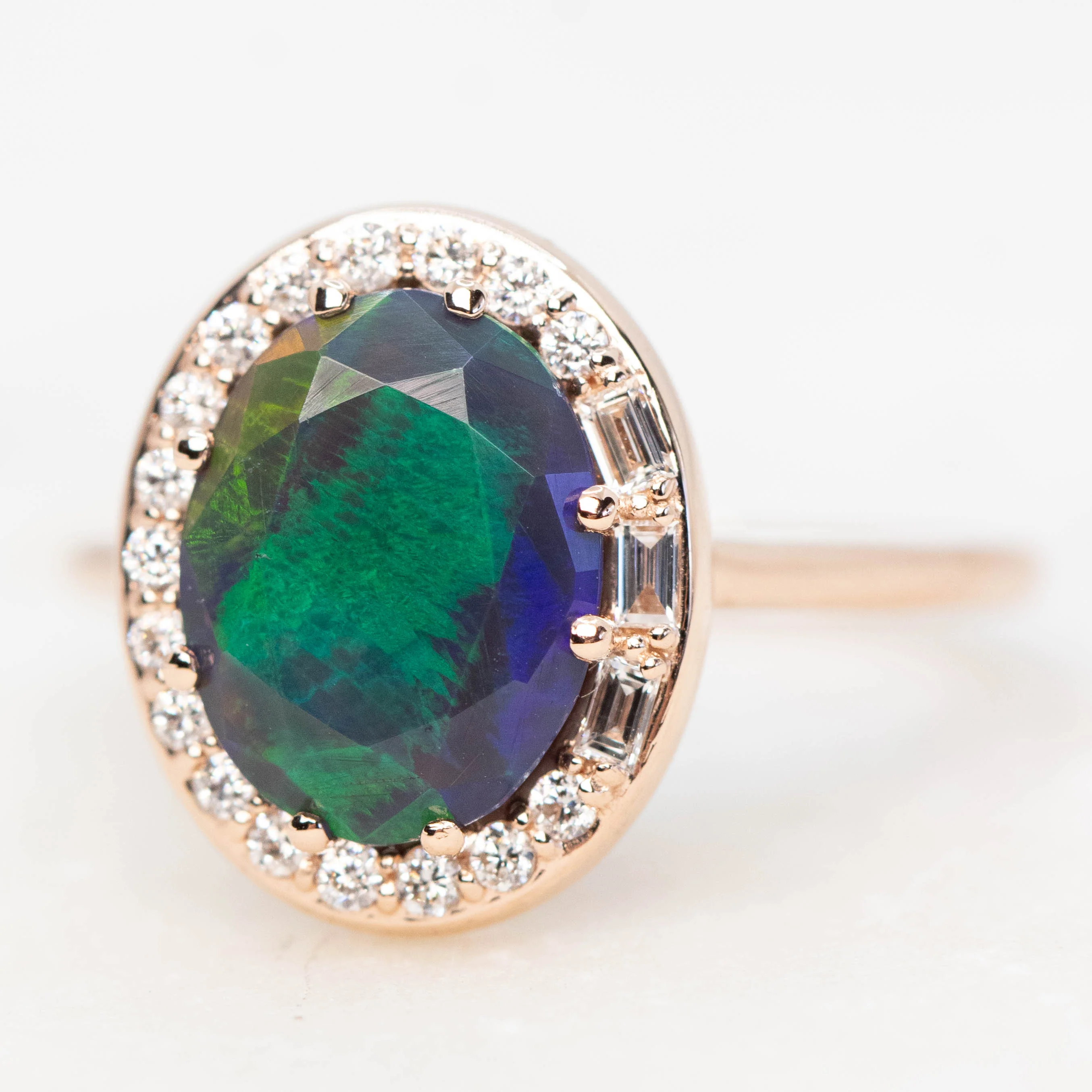 Collins Ring with a 1.35 Carat Black Oval Opal and White Accent Diamonds in 14k Rose Gold - Ready to Size and Ship - Image 3