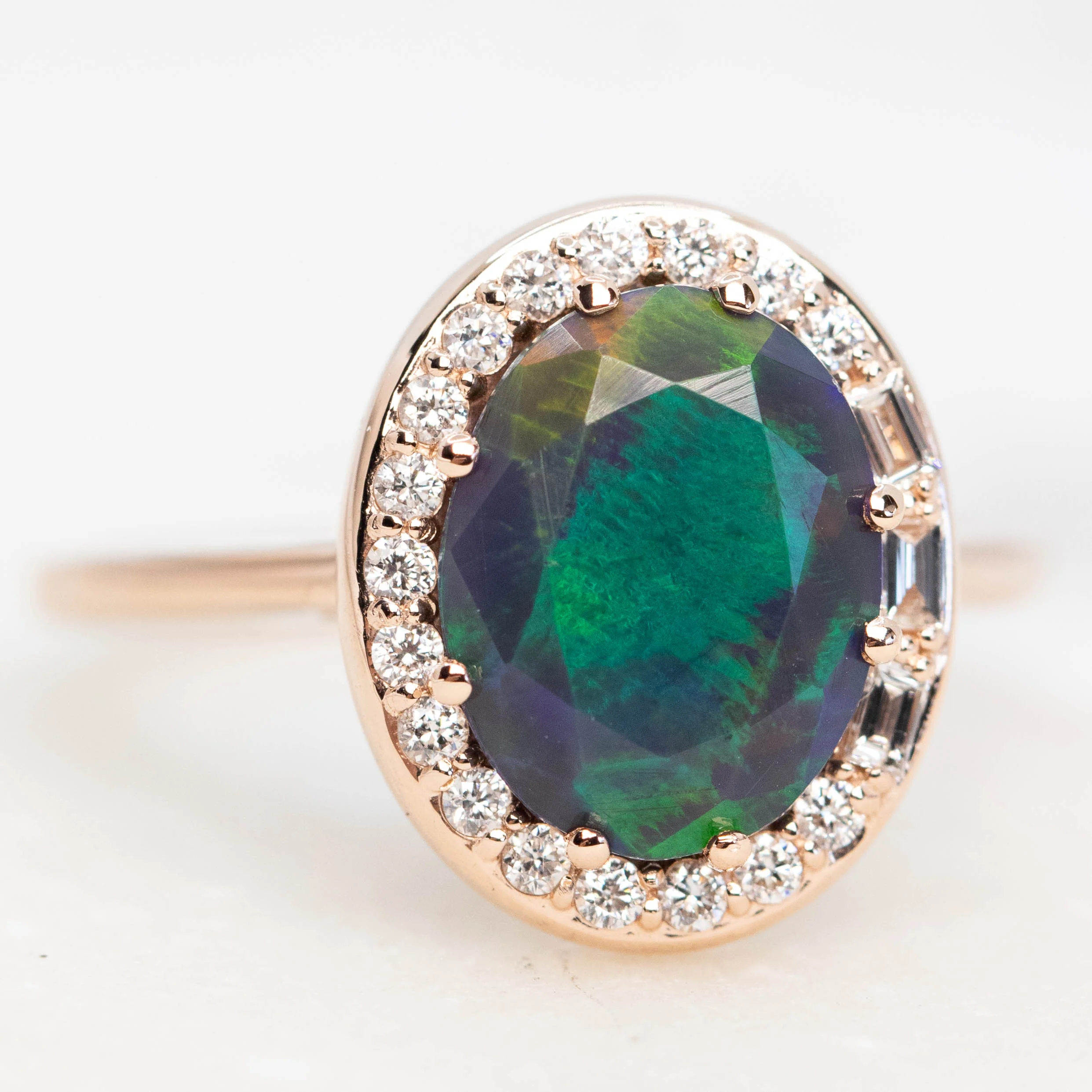 Collins Ring with a 1.35 Carat Black Oval Opal and White Accent Diamonds in 14k Rose Gold - Ready to Size and Ship - Image 4