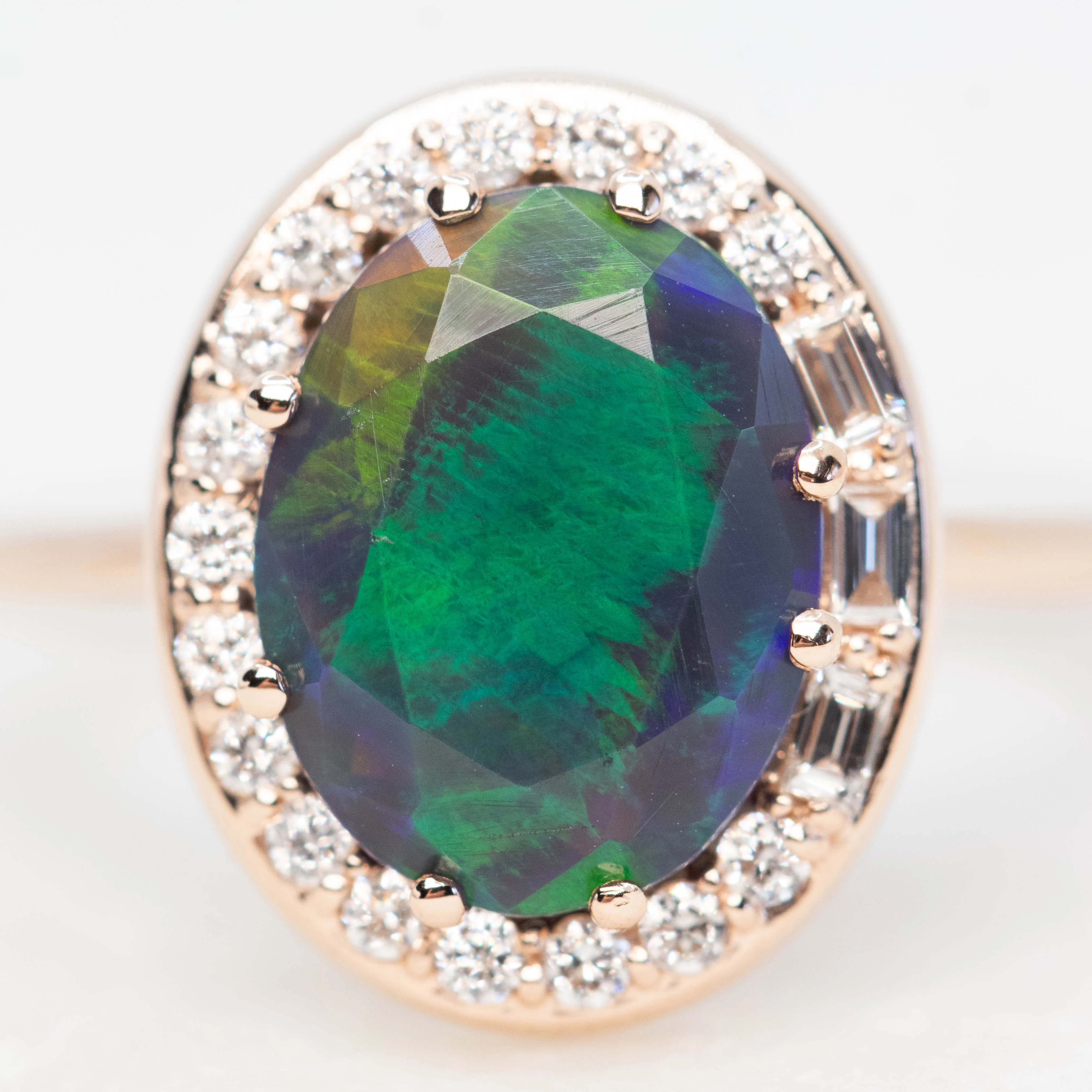 Collins Ring with a 1.35 Carat Black Oval Opal and White Accent Diamonds in 14k Rose Gold - Ready to Size and Ship - Image 7