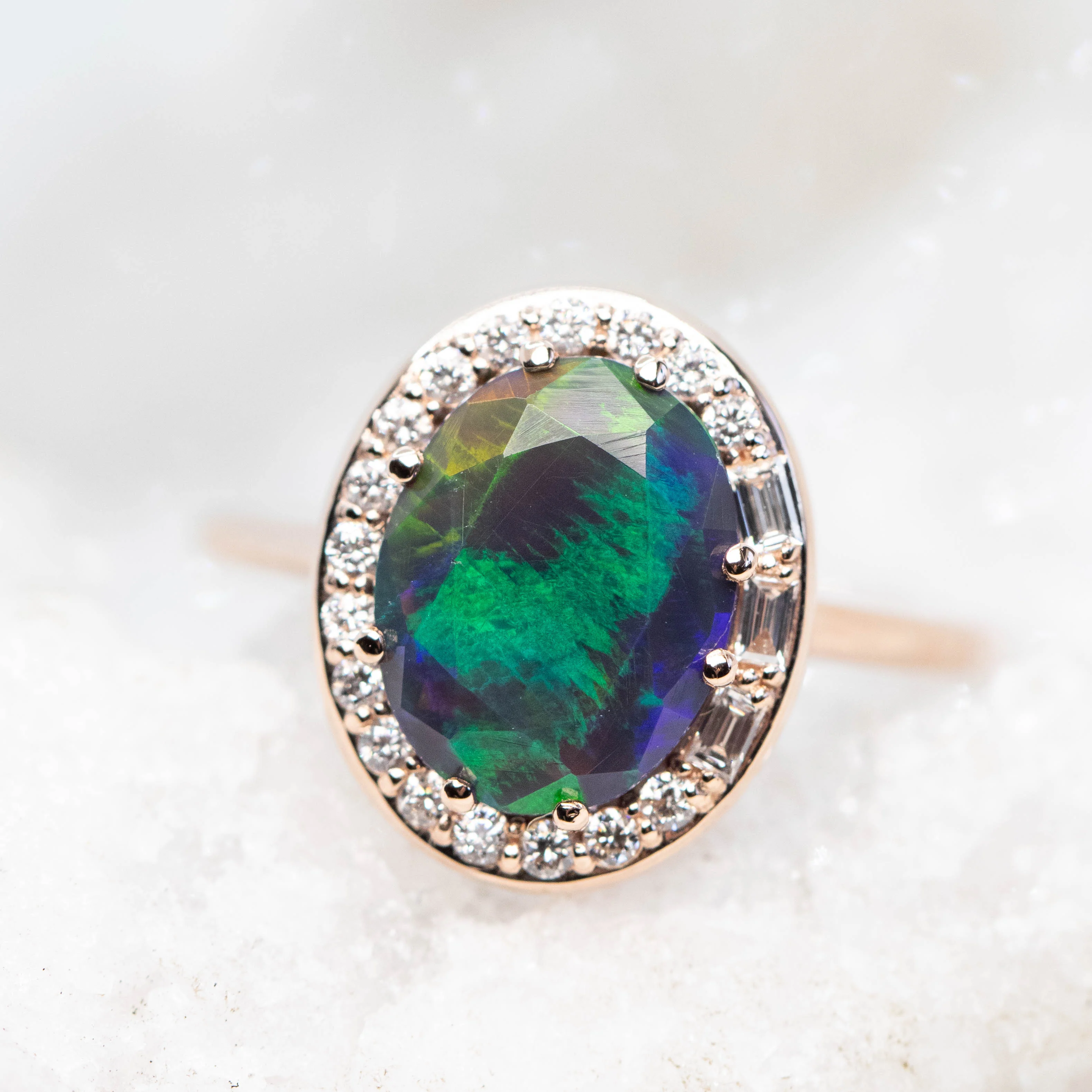 Collins Ring with a 1.35 Carat Black Oval Opal and White Accent Diamonds in 14k Rose Gold - Ready to Size and Ship - Image 8