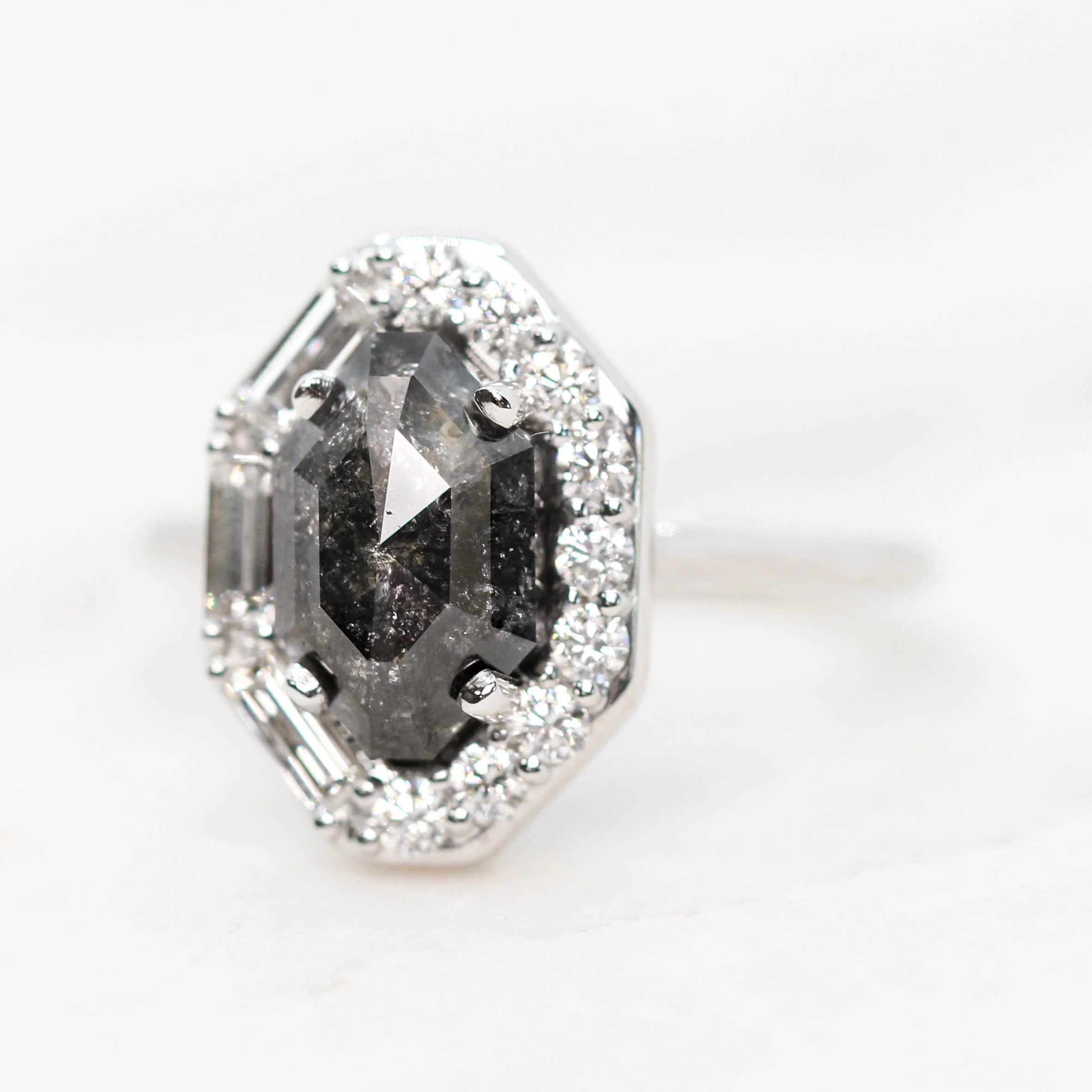 Project: Custom Collins Ring with a 2.5 Carat Black Salt and Pepper Octagon Diamond and White Accent Diamonds in 14k - Image 3