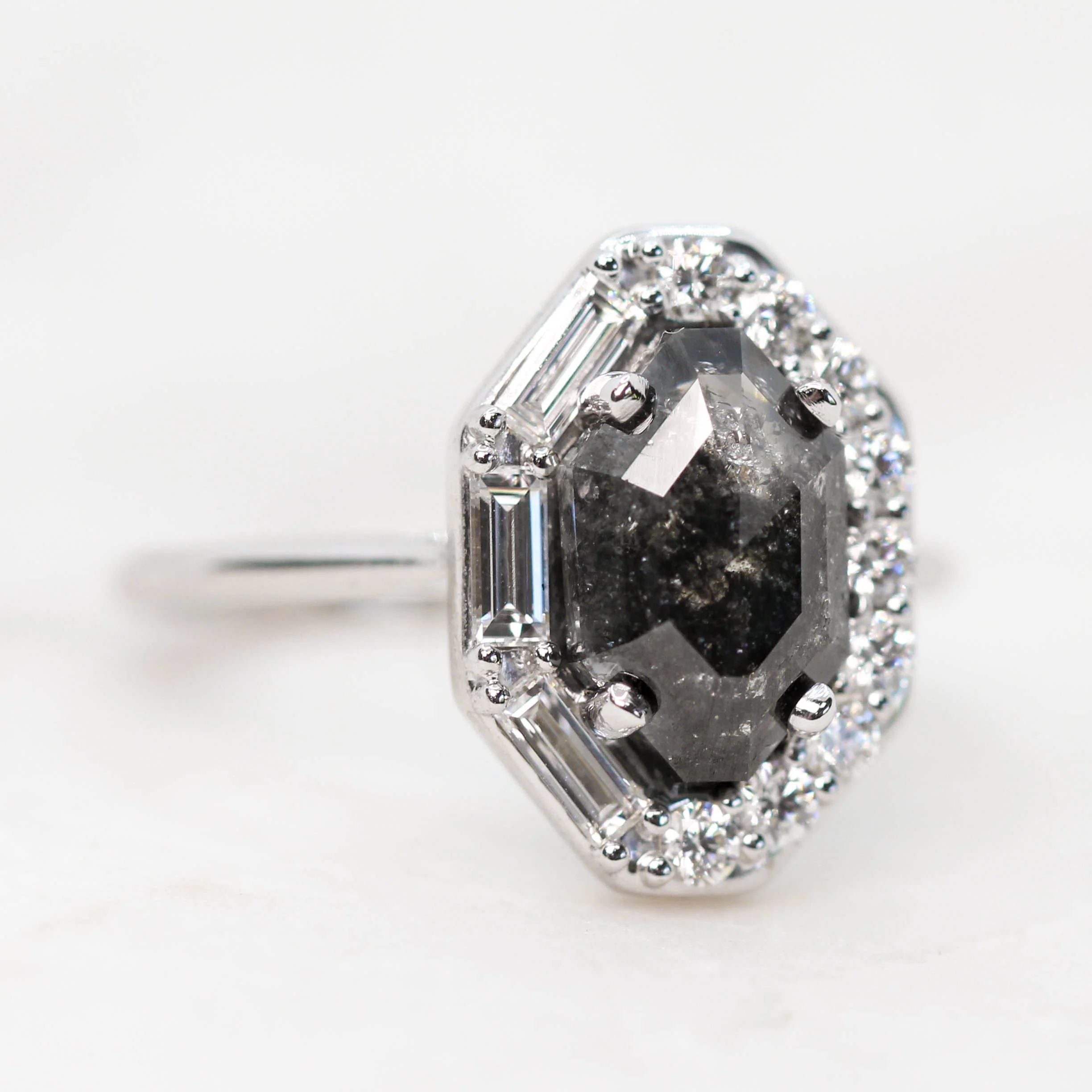 Project: Custom Collins Ring with a 2.5 Carat Black Salt and Pepper Octagon Diamond and White Accent Diamonds in 14k - Image 4