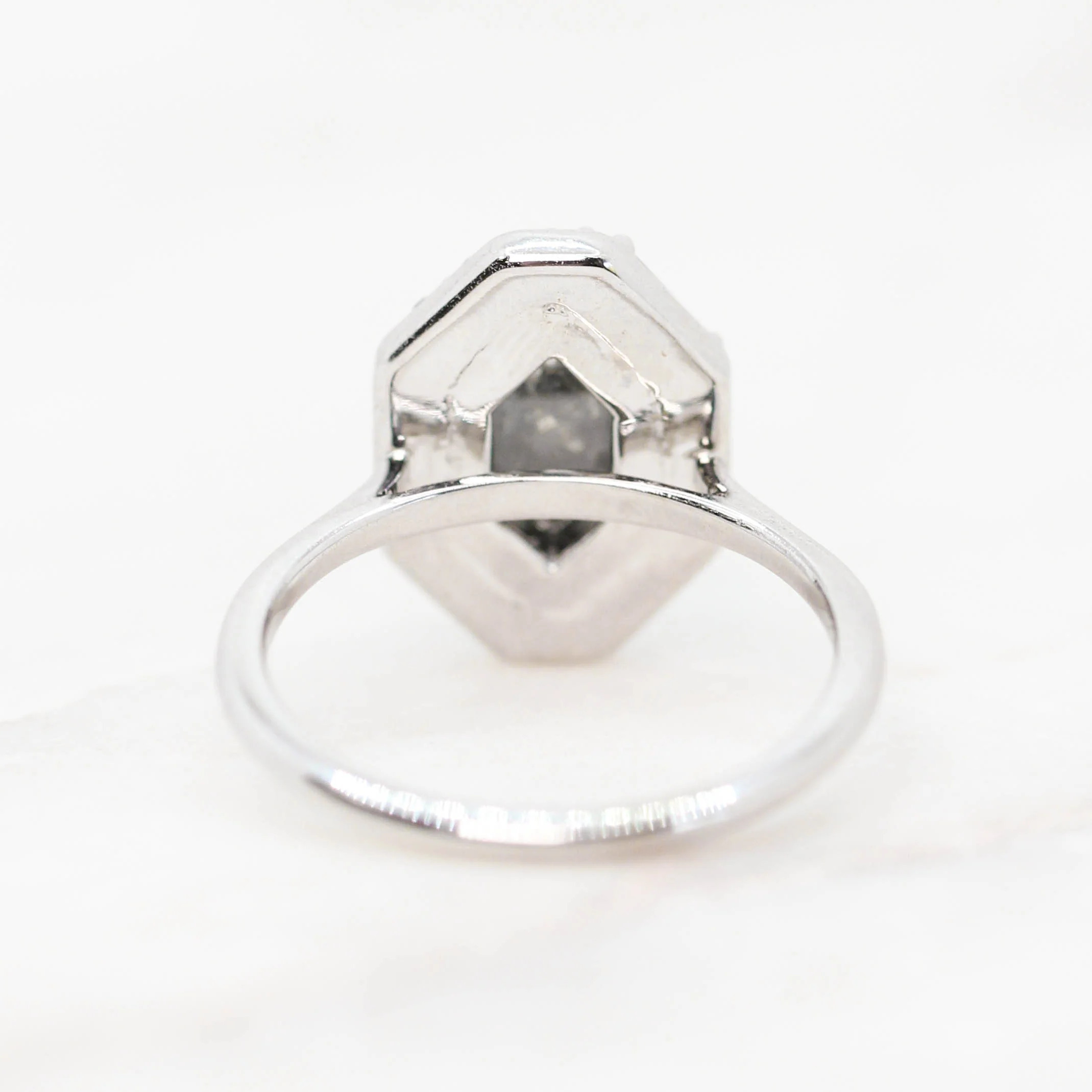 Project: Custom Collins Ring with a 2.5 Carat Black Salt and Pepper Octagon Diamond and White Accent Diamonds in 14k - Image 6