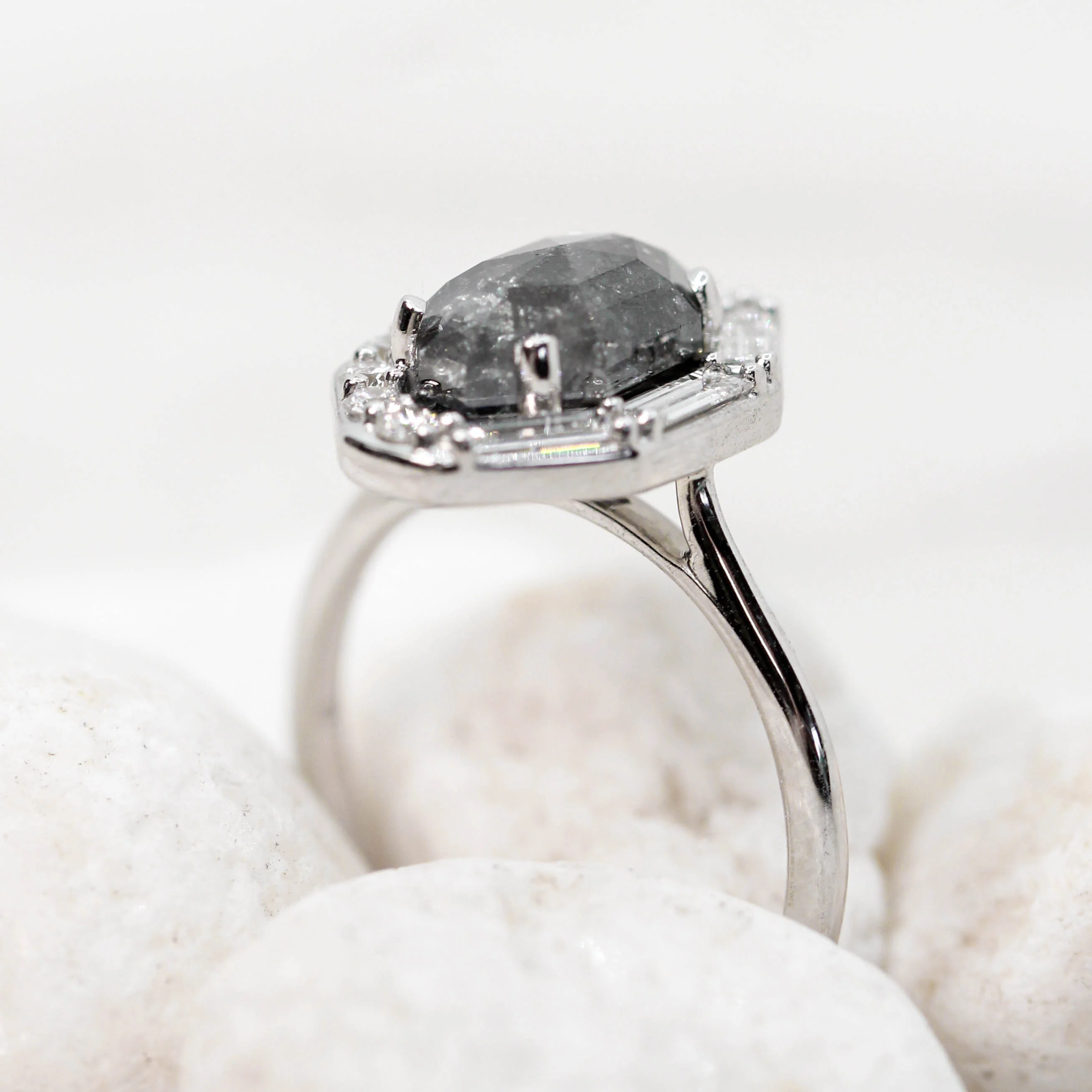 Project: Custom Collins Ring with a 2.5 Carat Black Salt and Pepper Octagon Diamond and White Accent Diamonds in 14k - Image 8