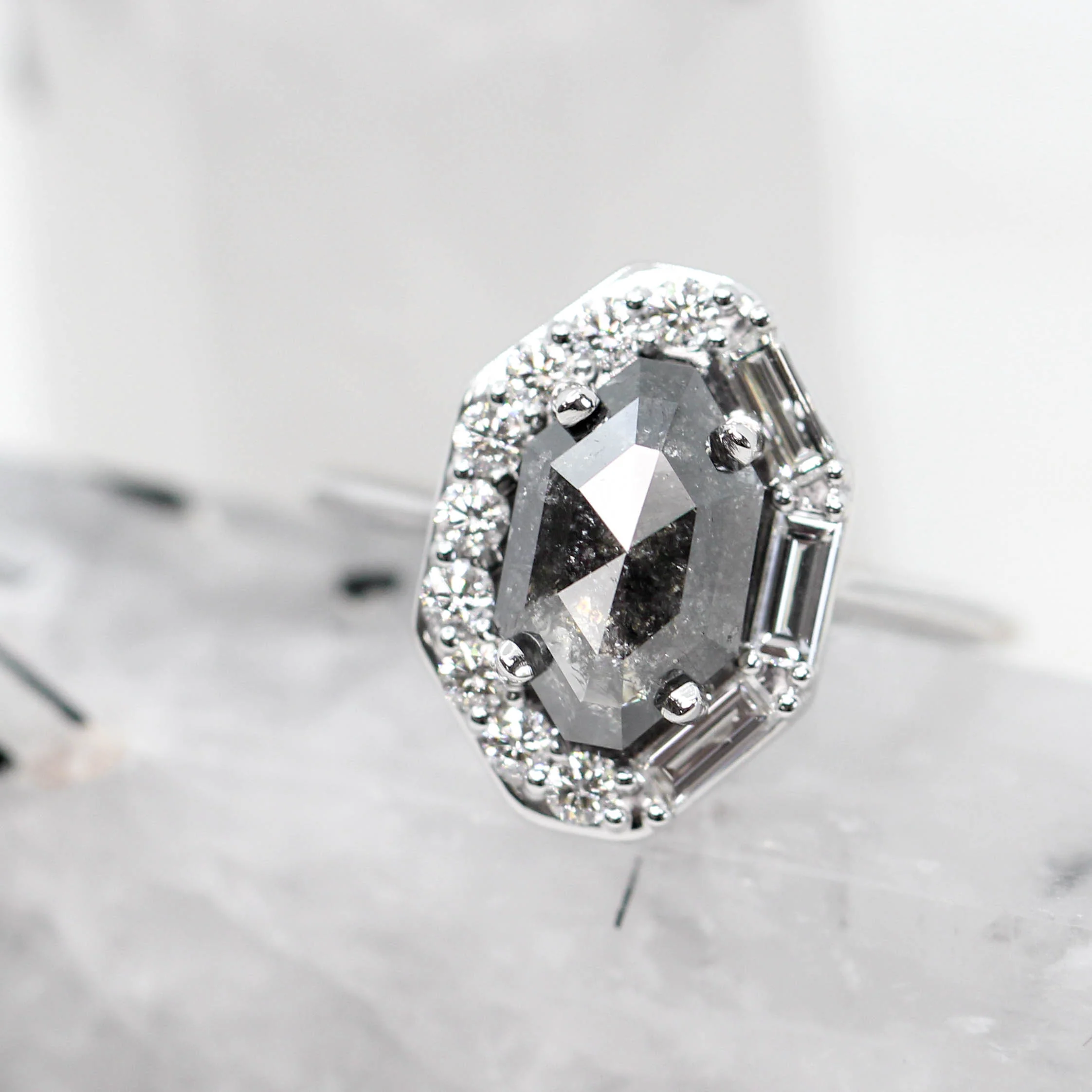 Project: Custom Collins Ring with a 2.5 Carat Black Salt and Pepper Octagon Diamond and White Accent Diamonds in 14k - Image 9