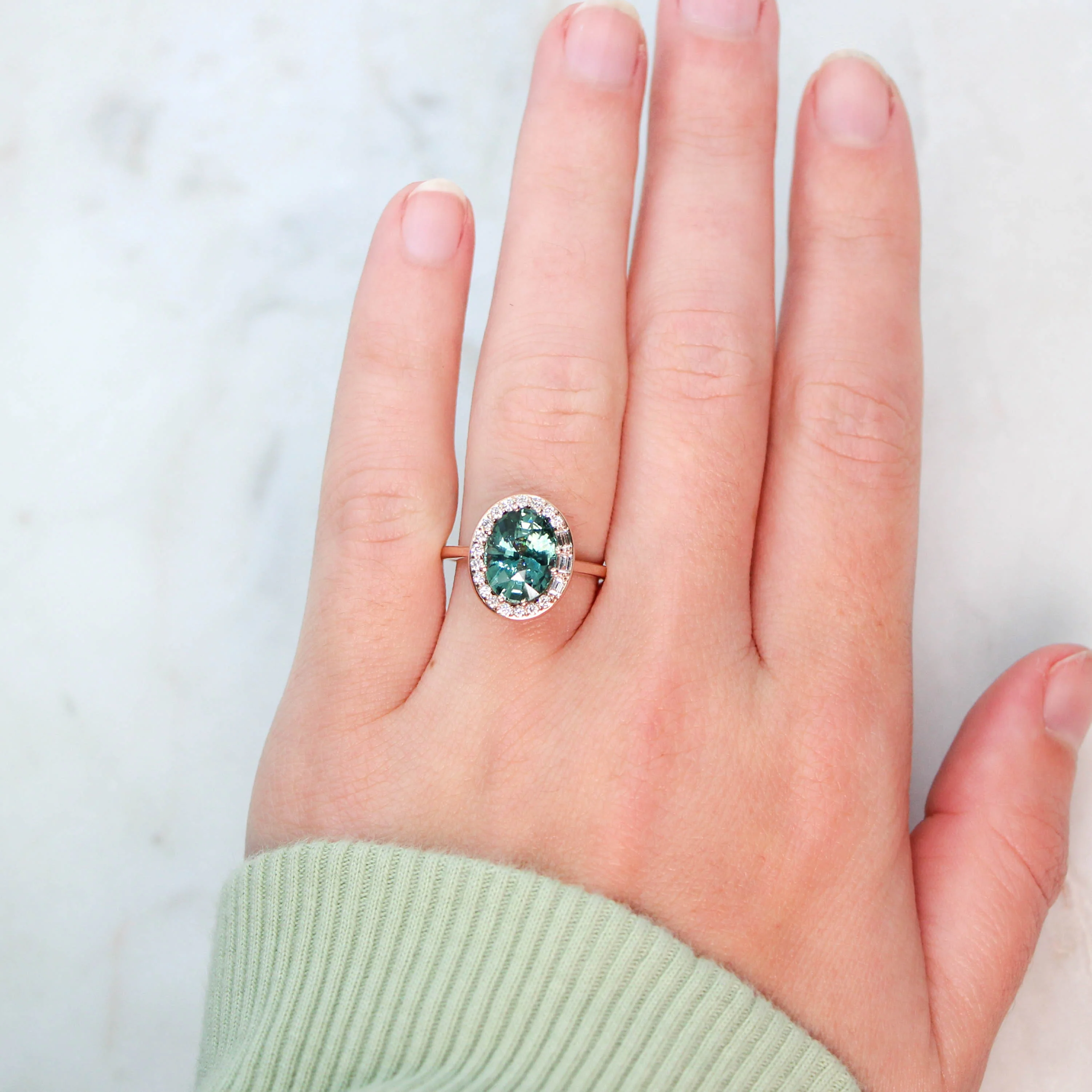 Project: Custom Collins Ring with a 3 Carat Teal Sapphire and White Accent Diamonds in 14k - Image 3