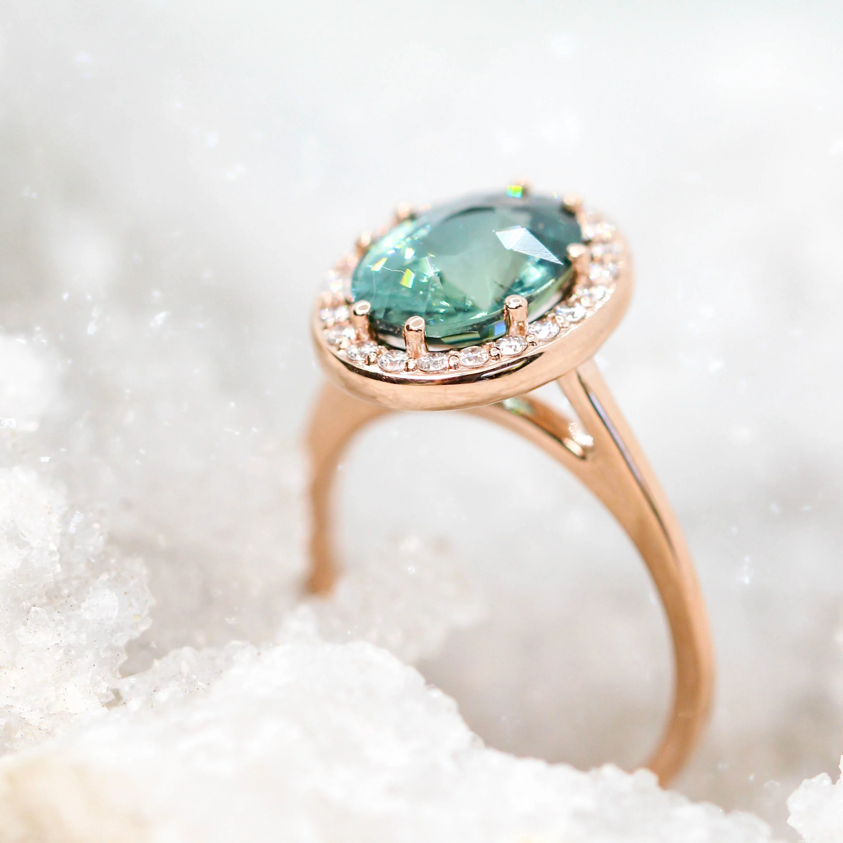 Project: Custom Collins Ring with a 3 Carat Teal Sapphire and White Accent Diamonds in 14k - Image 7