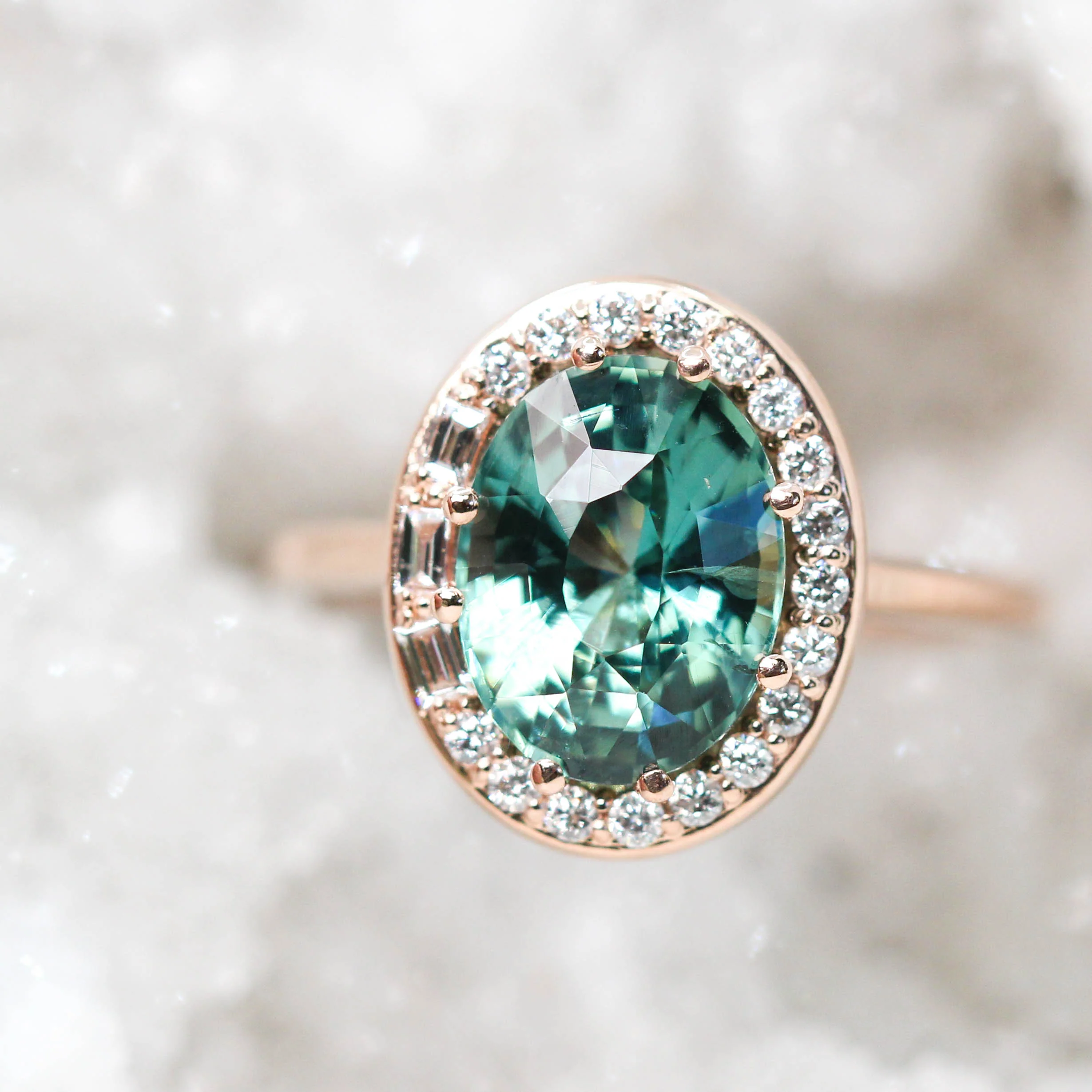 Project: Custom Collins Ring with a 3 Carat Teal Sapphire and White Accent Diamonds in 14k - Image 8