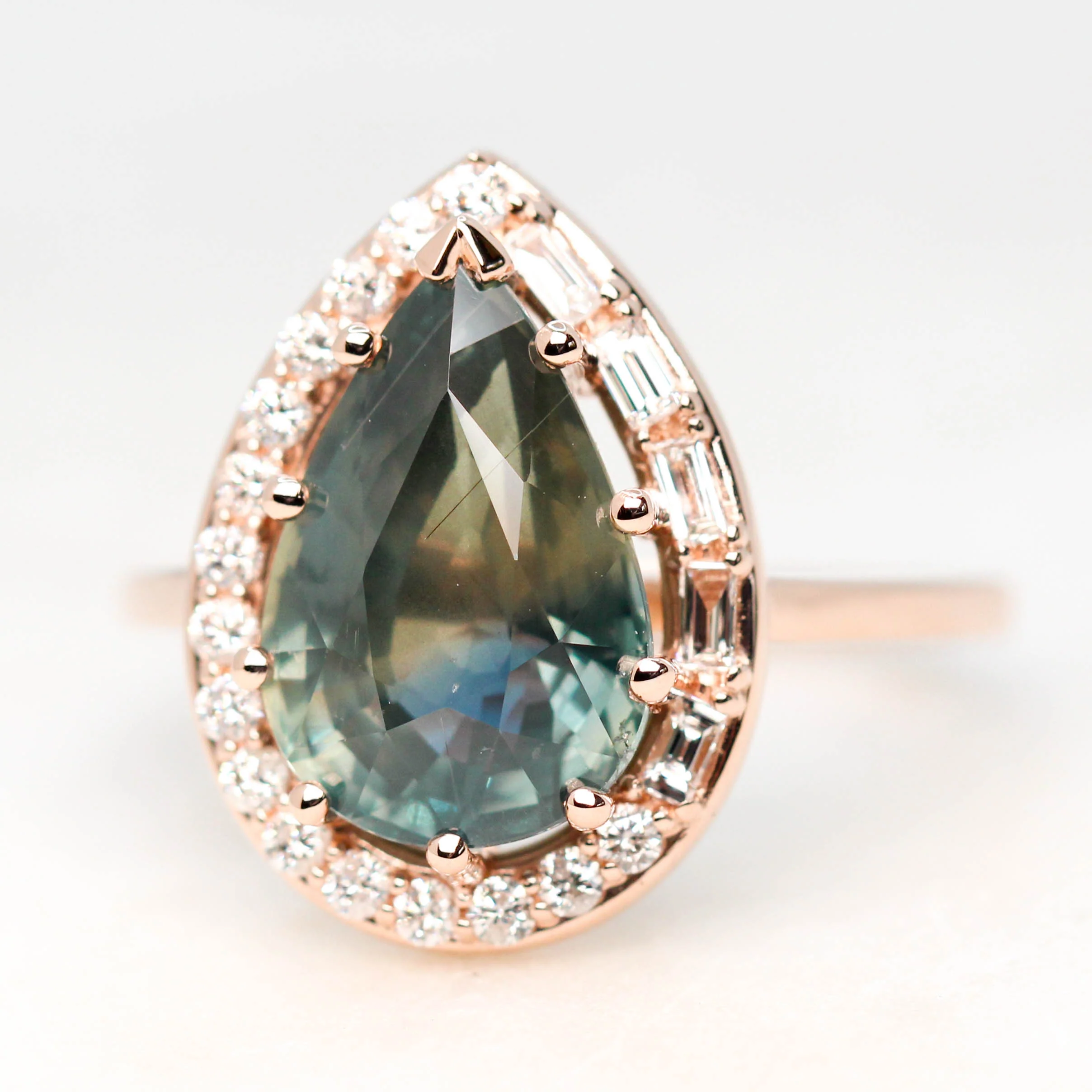 Collins Ring with a 6.21 Carat Teal Pear Sapphire and White Accent Diamonds in 14k Rose Gold - Ready to Size and Ship - Image 3