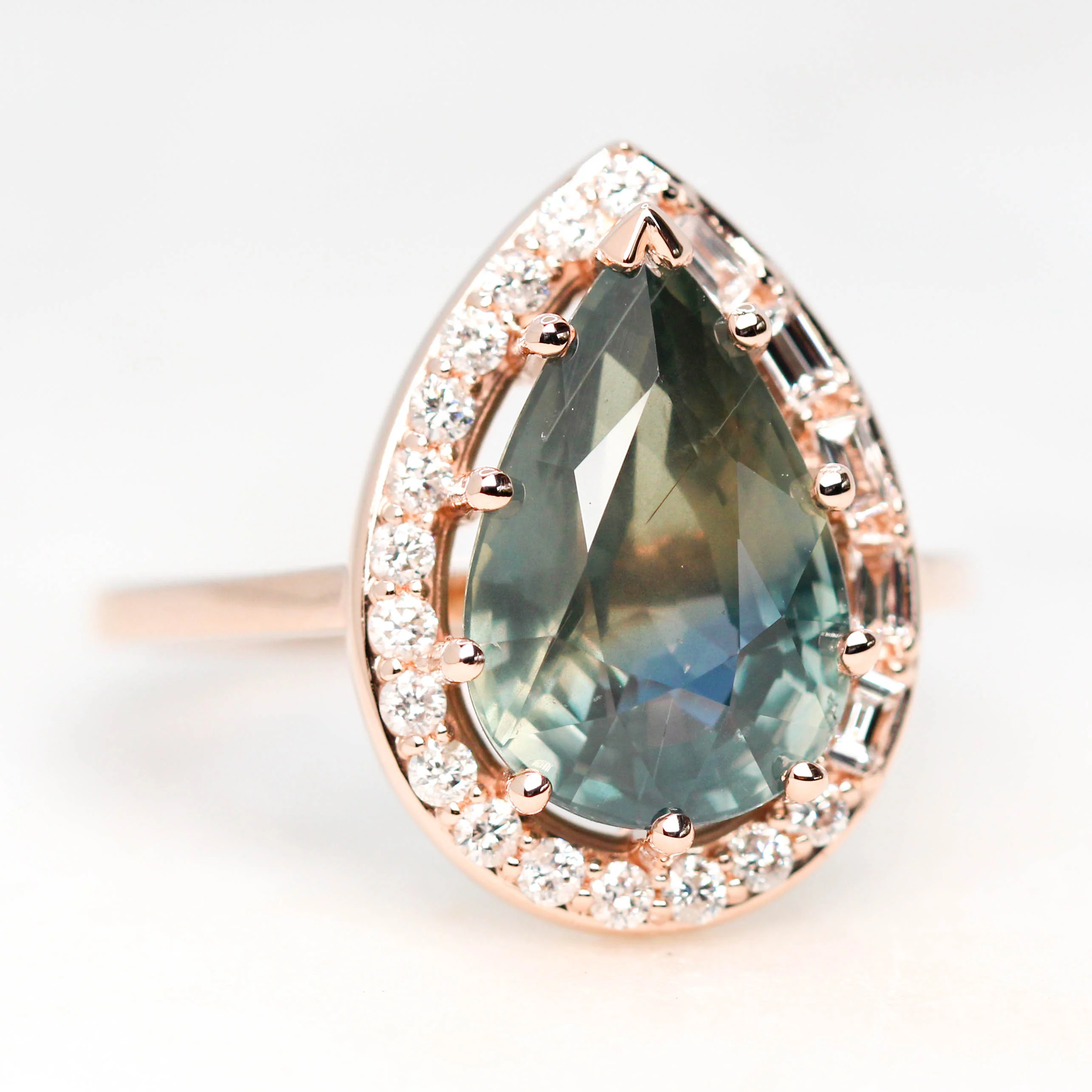 Collins Ring with a 6.21 Carat Teal Pear Sapphire and White Accent Diamonds in 14k Rose Gold - Ready to Size and Ship - Image 4