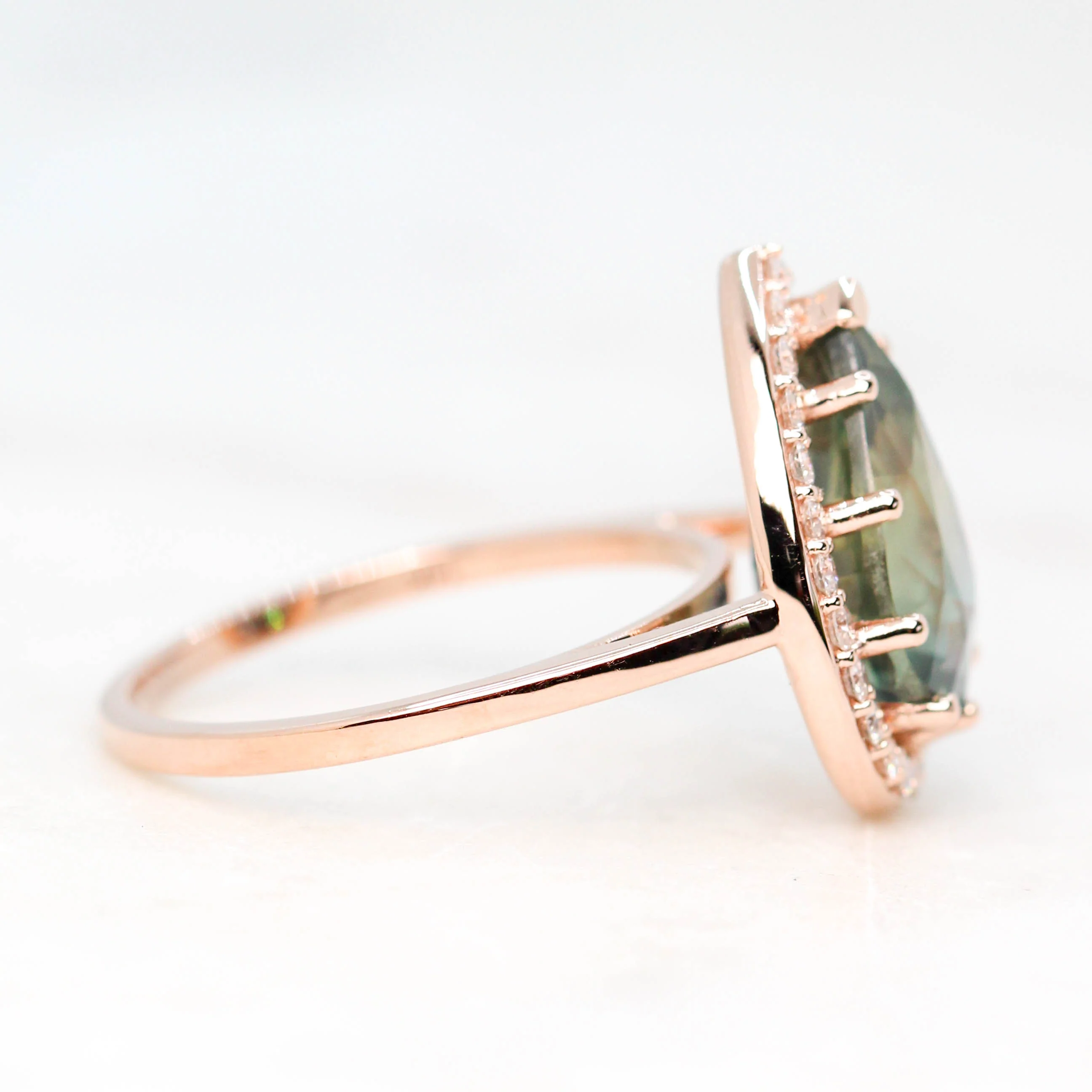 Collins Ring with a 6.21 Carat Teal Pear Sapphire and White Accent Diamonds in 14k Rose Gold - Ready to Size and Ship - Image 5