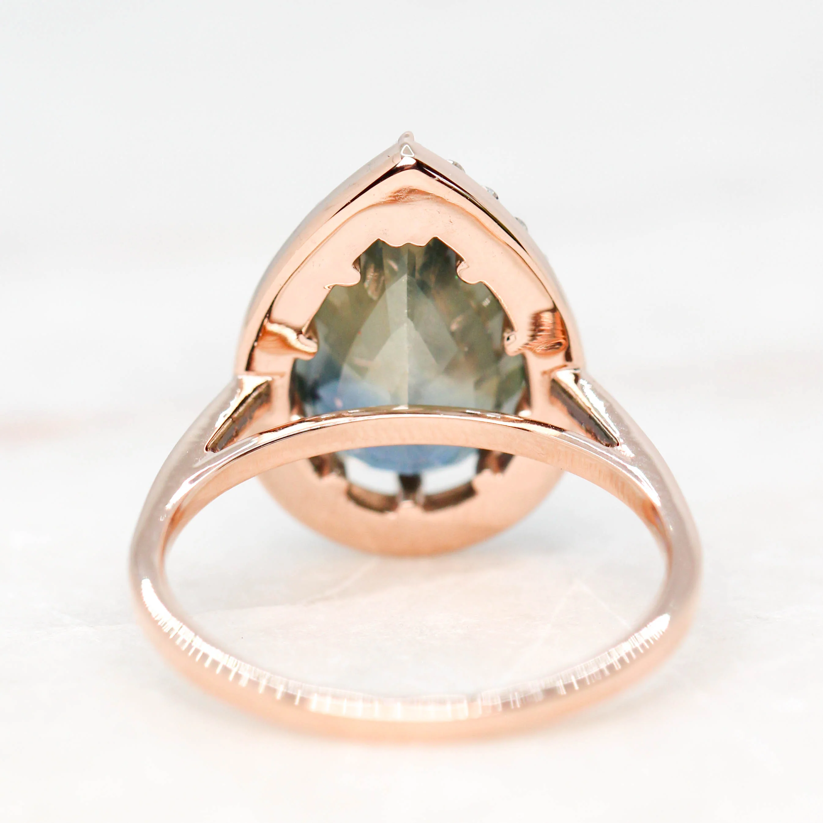 Collins Ring with a 6.21 Carat Teal Pear Sapphire and White Accent Diamonds in 14k Rose Gold - Ready to Size and Ship - Image 6