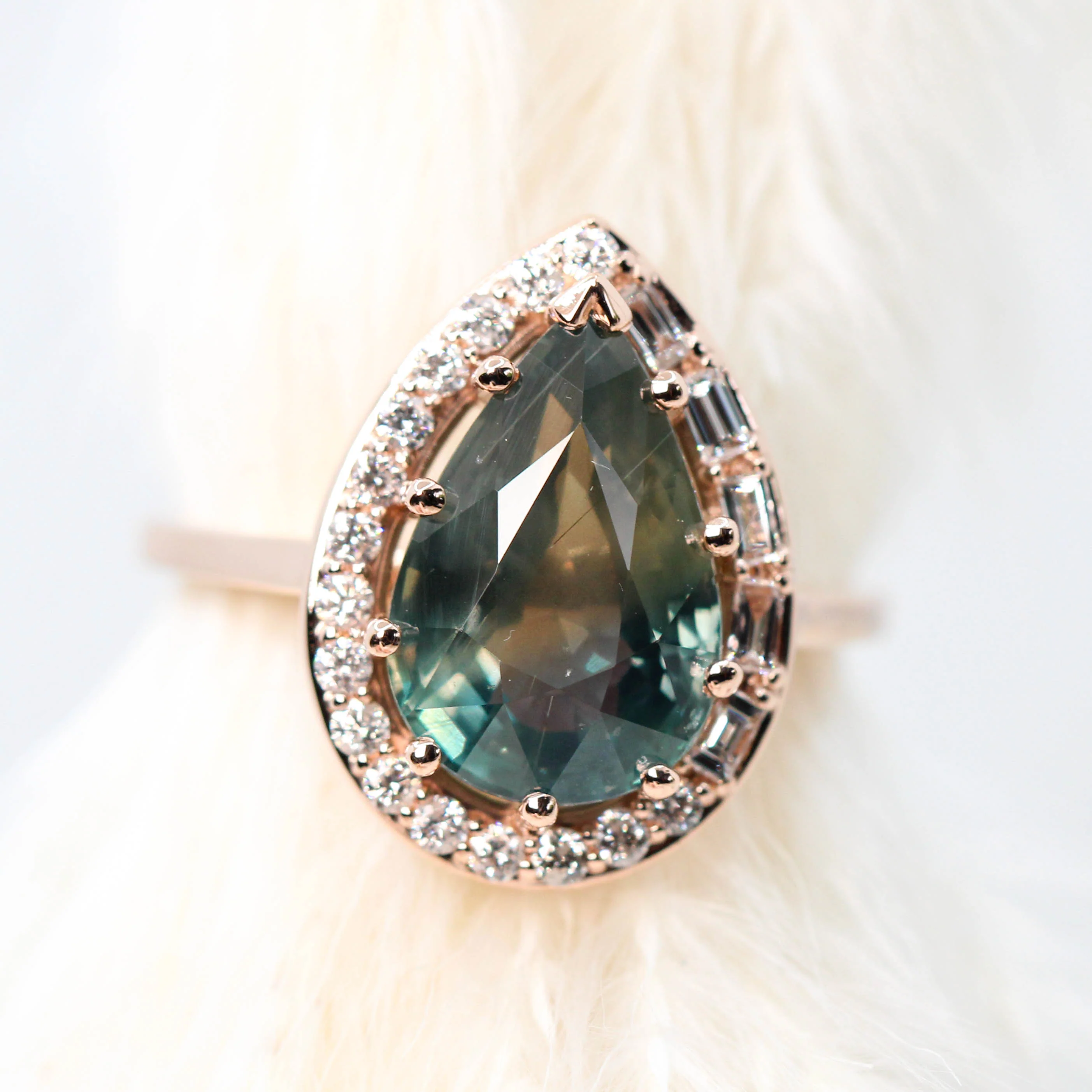 Collins Ring with a 6.21 Carat Teal Pear Sapphire and White Accent Diamonds in 14k Rose Gold - Ready to Size and Ship - Image 7
