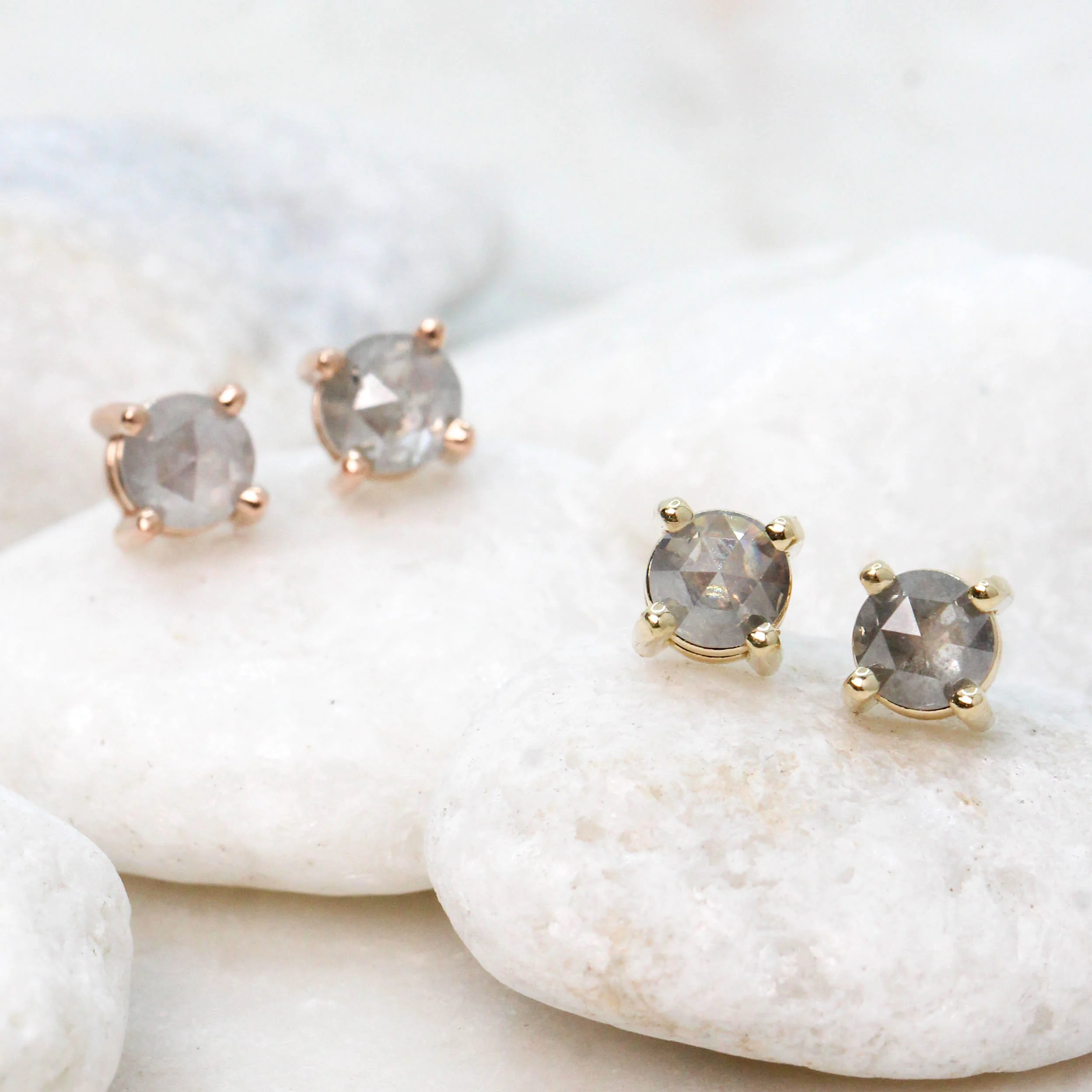 Rose Cut Misty Gray Salt and Pepper Diamond Earring Studs in 14k Yellow Gold - Ready to Ship - Image 3
