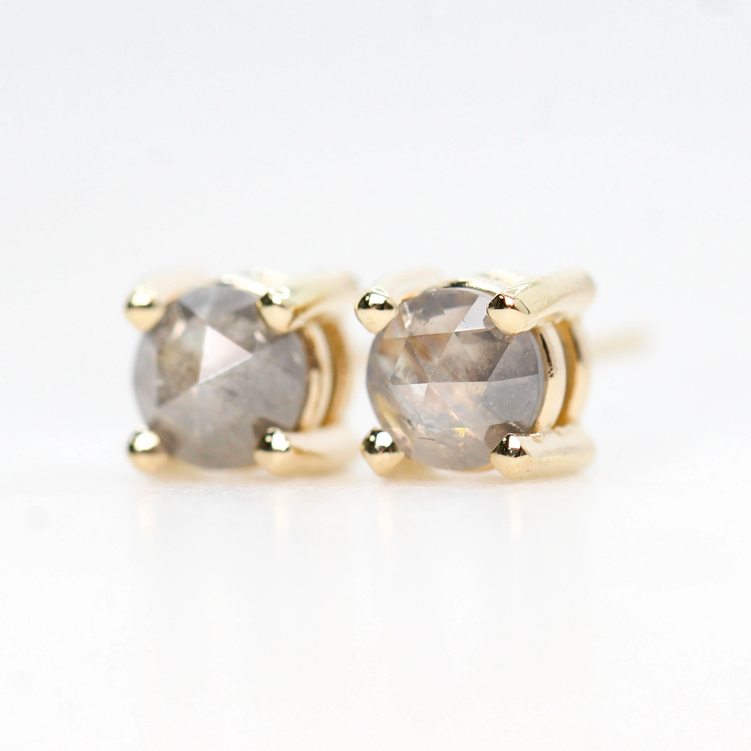 Rose Cut Misty Gray Salt and Pepper Diamond Earring Studs in 14k Yellow Gold - Ready to Ship - Image 6