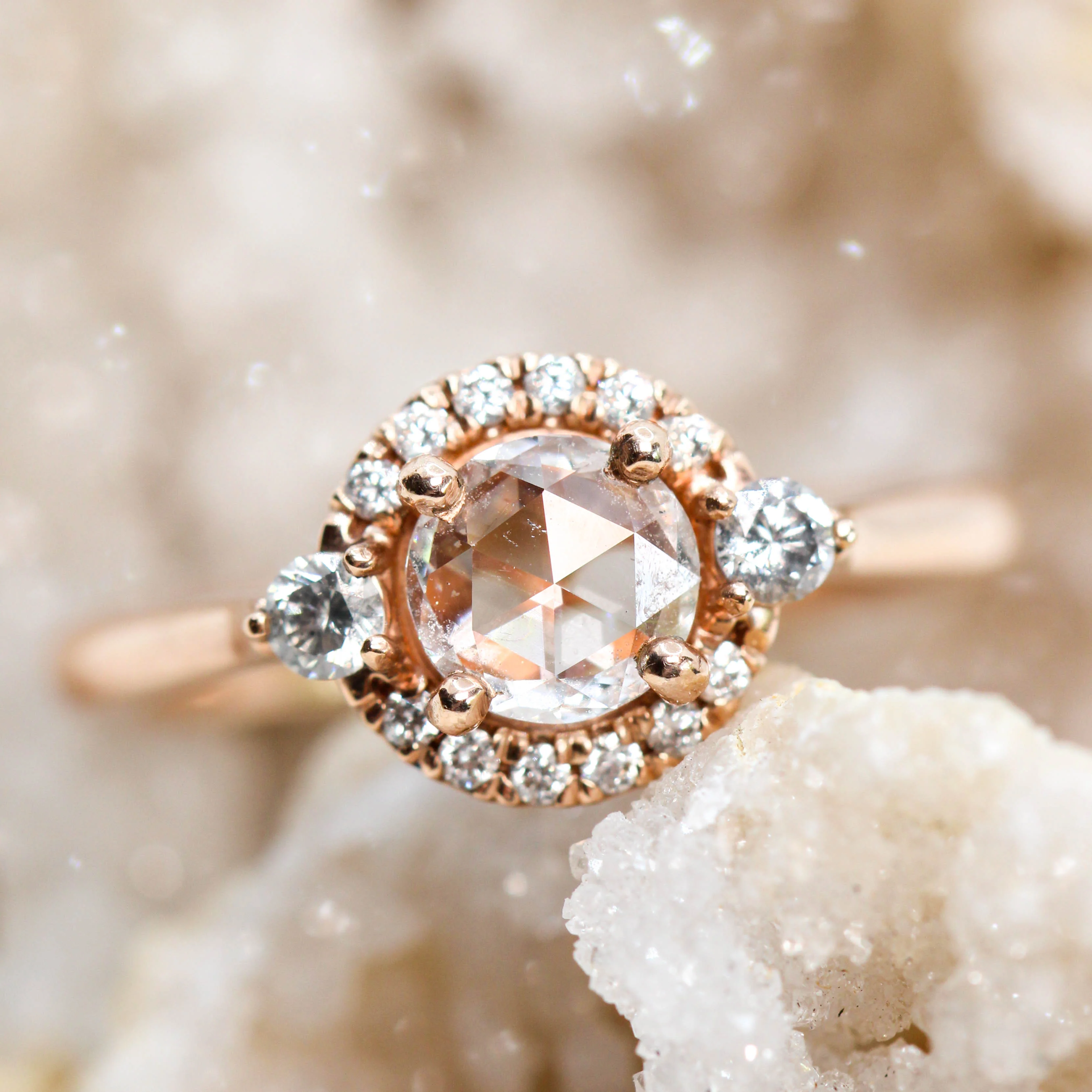 Vanessa Ring with 0.41 Carat Rose Cut Clear Round Diamond and White Diamond Accents in 10k Rose Gold - Ready to Size and Ship - Image 7