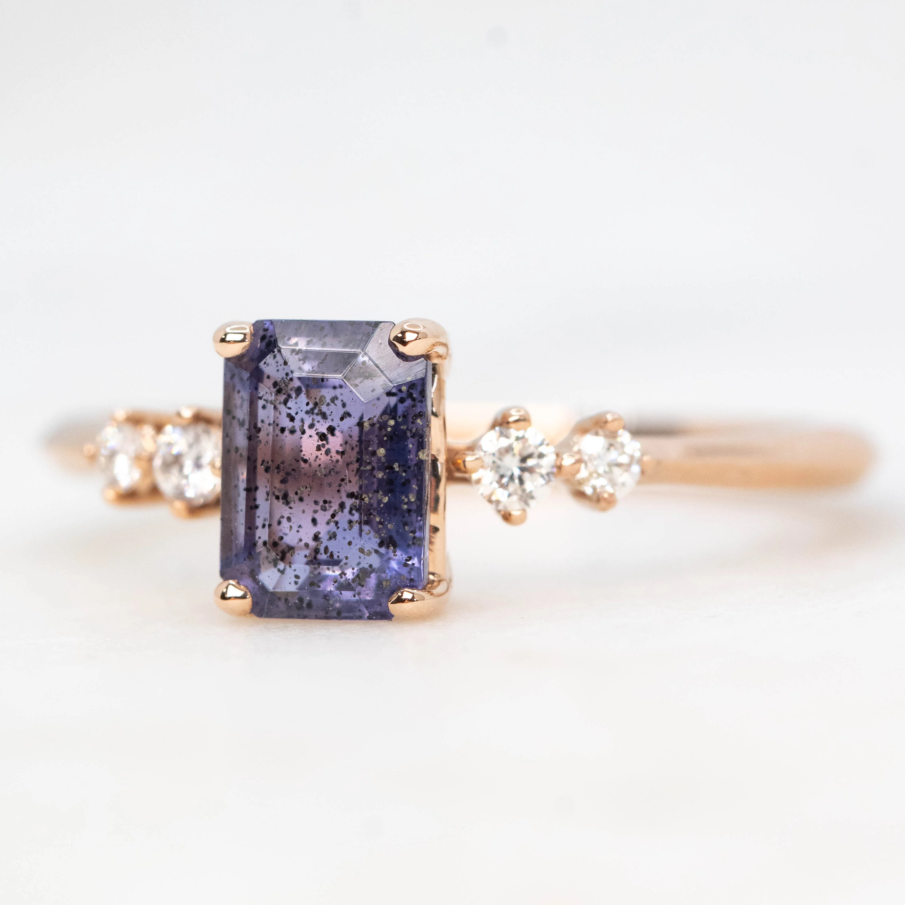 Cordelia Ring with a 0.88 Carat Emerald Cut Iolite and White Accent Diamonds in 14k Rose Gold - Ready to Size and Ship - Image 3
