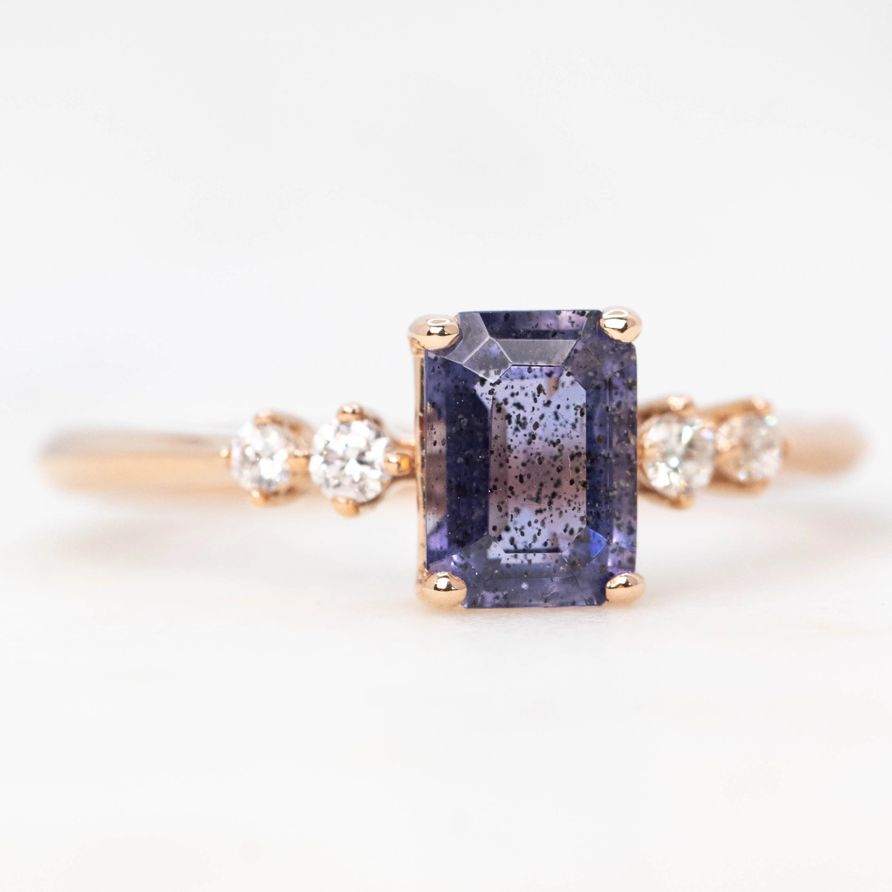 Cordelia Ring with a 0.88 Carat Emerald Cut Iolite and White Accent Diamonds in 14k Rose Gold - Ready to Size and Ship - Image 4