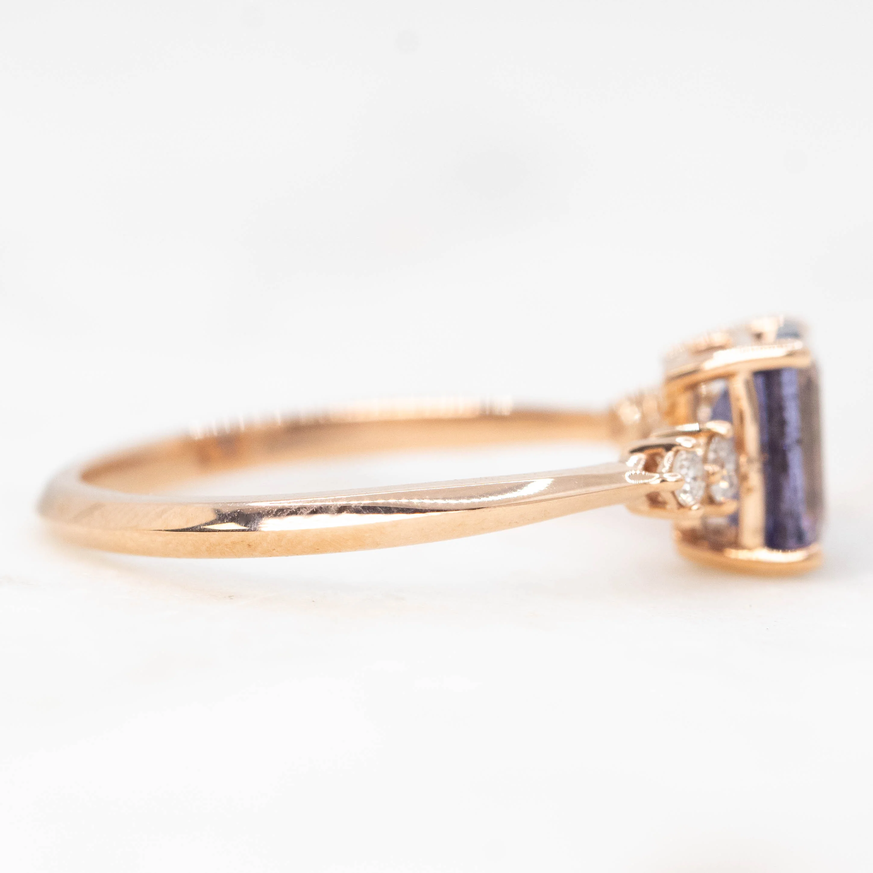 Cordelia Ring with a 0.88 Carat Emerald Cut Iolite and White Accent Diamonds in 14k Rose Gold - Ready to Size and Ship - Image 5