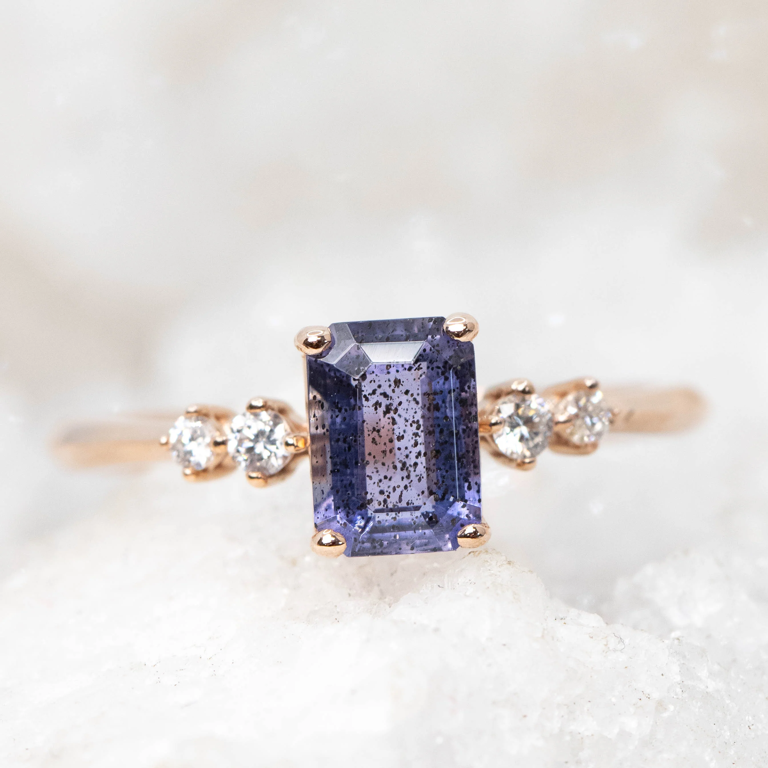 Cordelia Ring with a 0.88 Carat Emerald Cut Iolite and White Accent Diamonds in 14k Rose Gold - Ready to Size and Ship - Image 7
