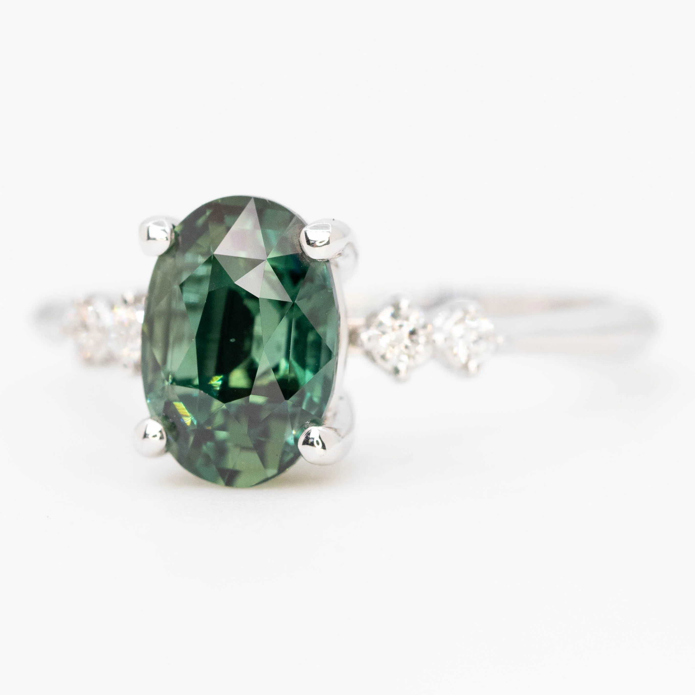 Cordelia Ring with a 2.63 Carat Teal Oval Sapphire and White Accent Diamonds in 14k White Gold - Ready to Size and Ship - Image 3