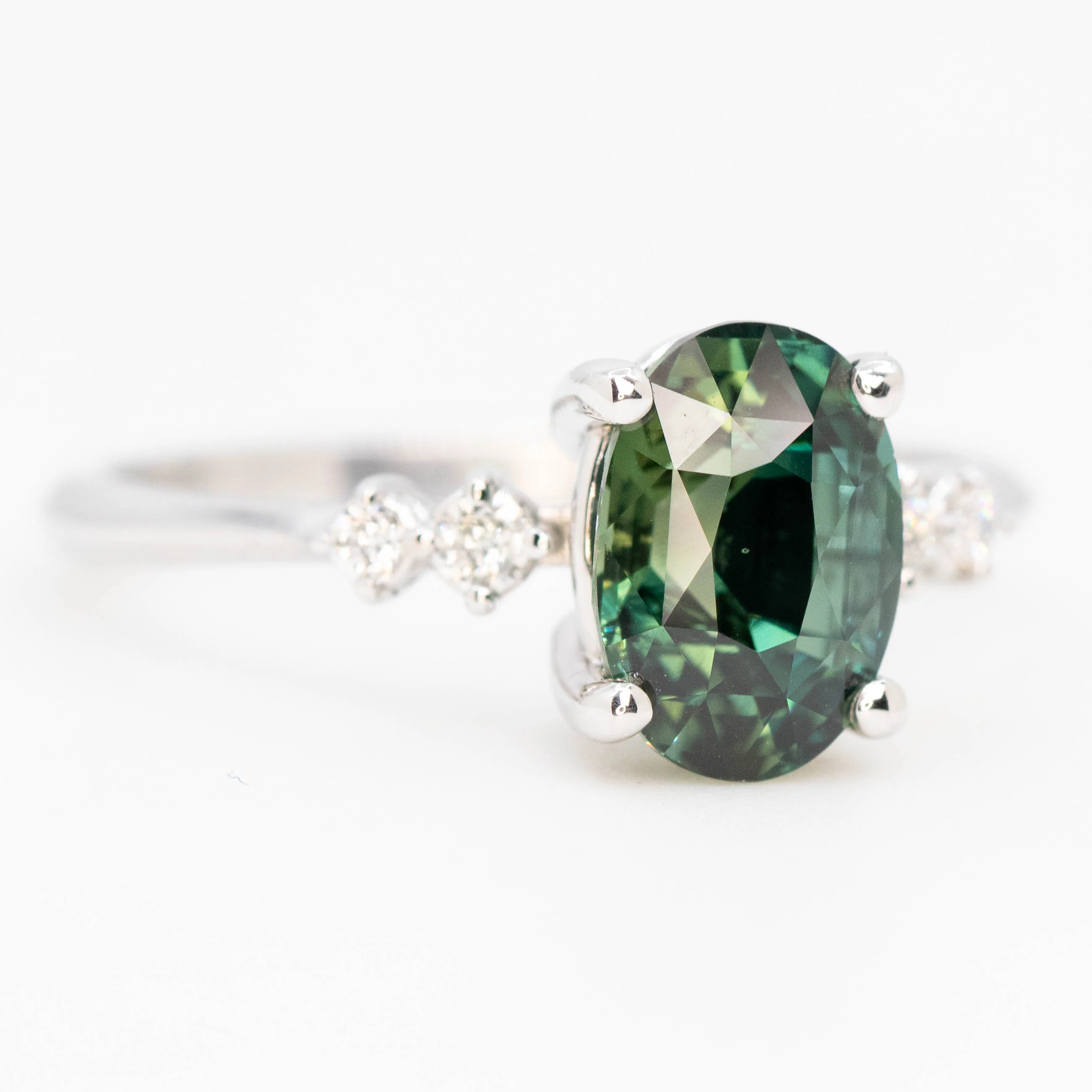 Cordelia Ring with a 2.63 Carat Teal Oval Sapphire and White Accent Diamonds in 14k White Gold - Ready to Size and Ship - Image 4