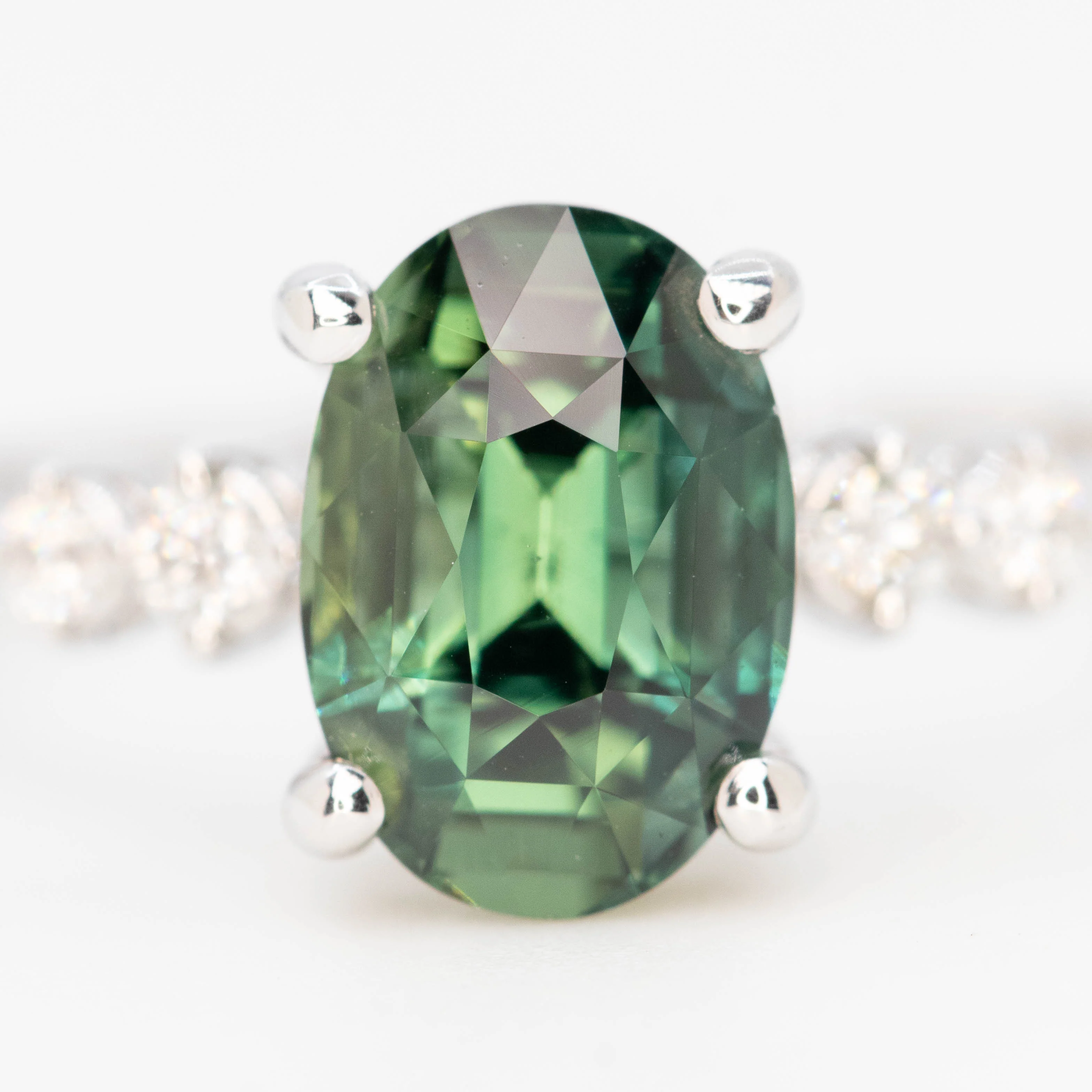 Cordelia Ring with a 2.63 Carat Teal Oval Sapphire and White Accent Diamonds in 14k White Gold - Ready to Size and Ship - Image 7