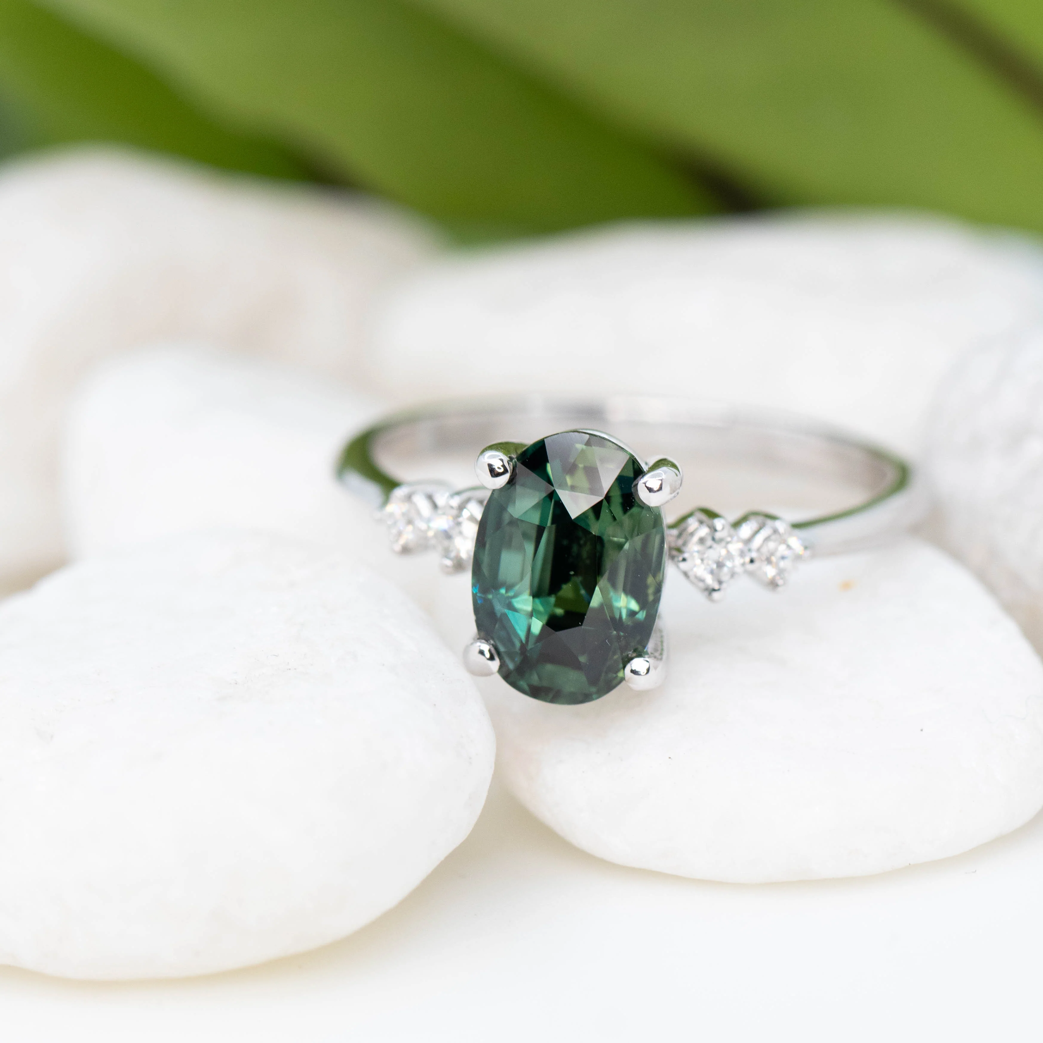 Cordelia Ring with a 2.63 Carat Teal Oval Sapphire and White Accent Diamonds in 14k White Gold - Ready to Size and Ship - Image 8