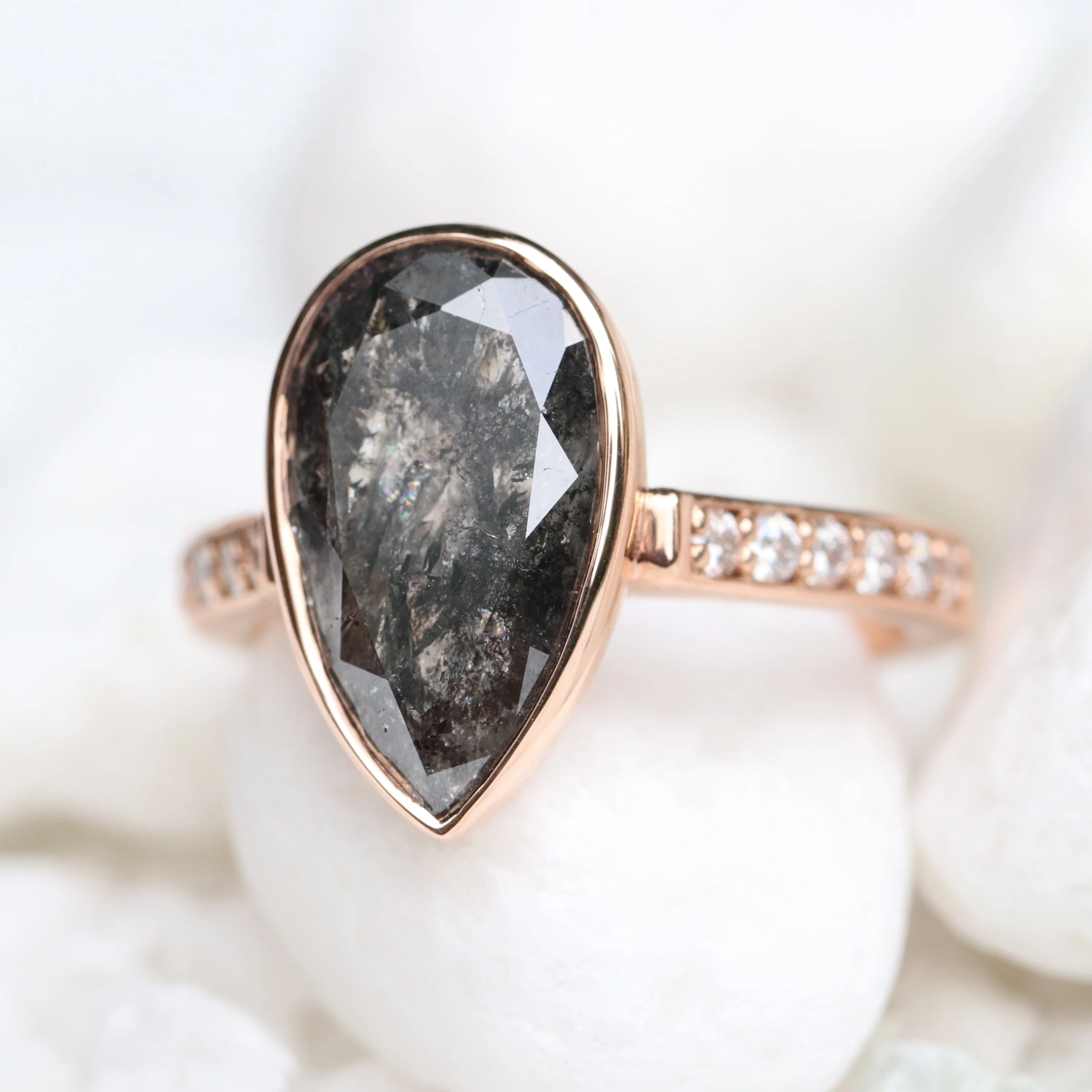 Project: Custom Corie Bezel Set Salt and Pepper Black Pear Diamond in 14k - Image 10