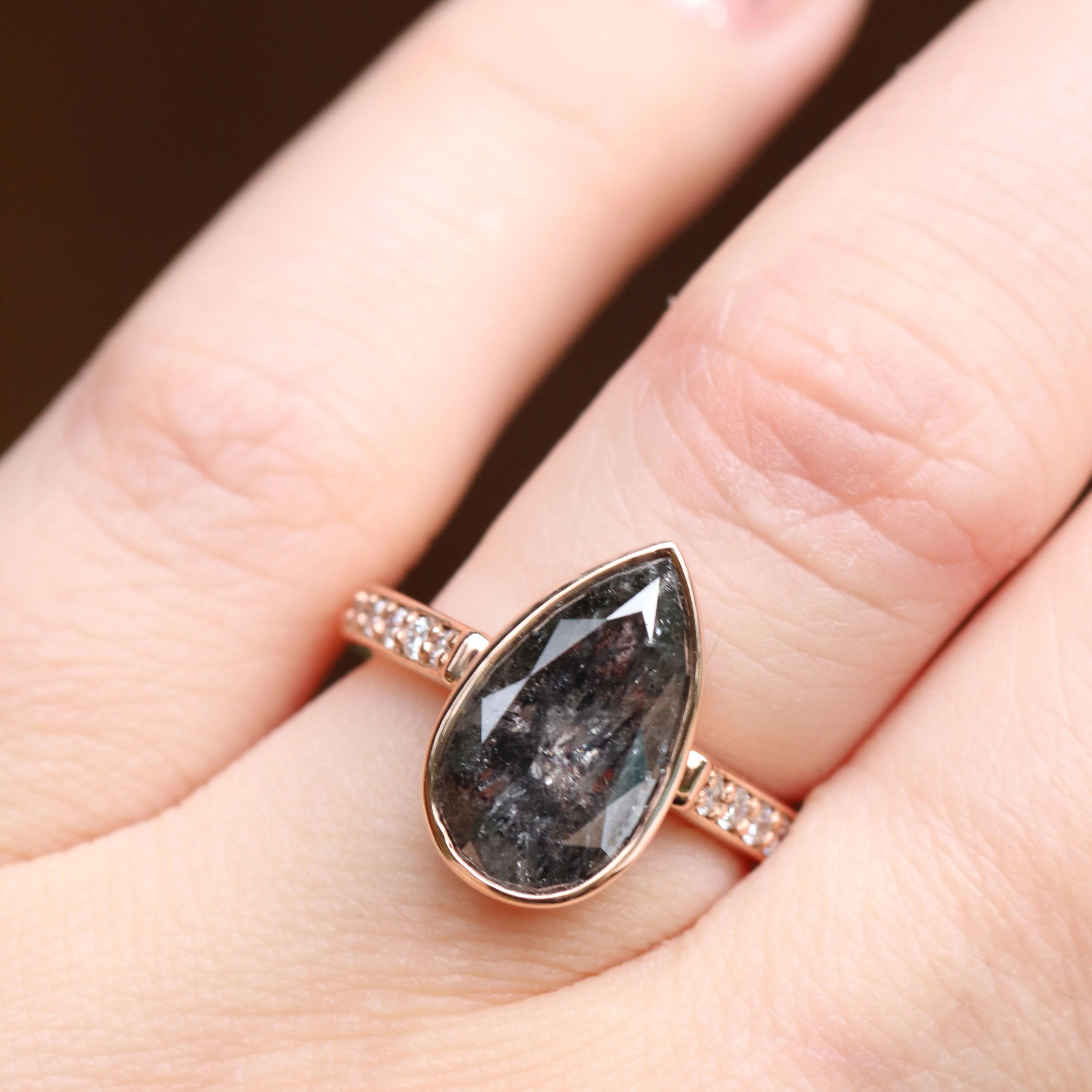 Project: Custom Corie Bezel Set Salt and Pepper Black Pear Diamond in 14k - Image 11