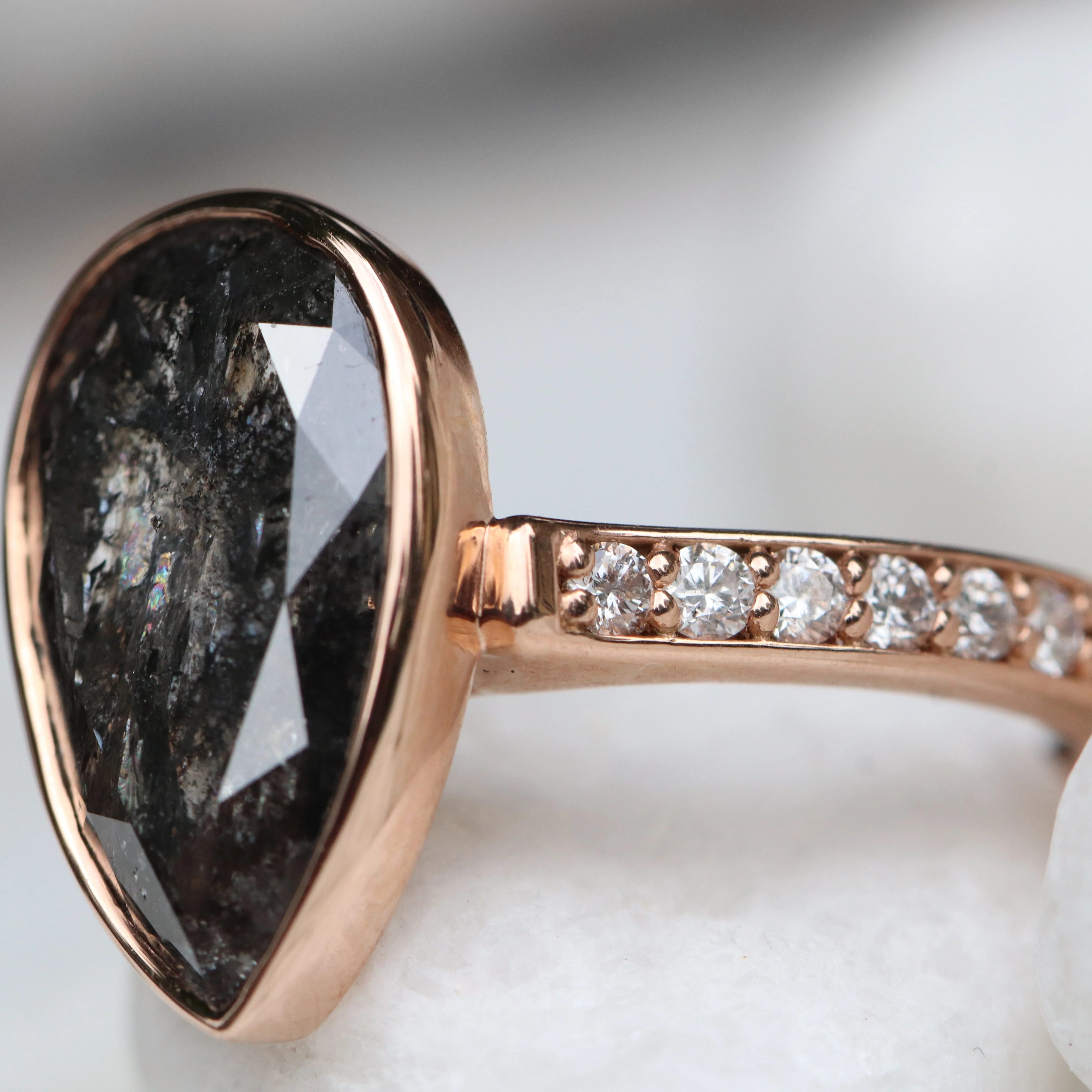 Project: Custom Corie Bezel Set Salt and Pepper Black Pear Diamond in 14k - Image 3