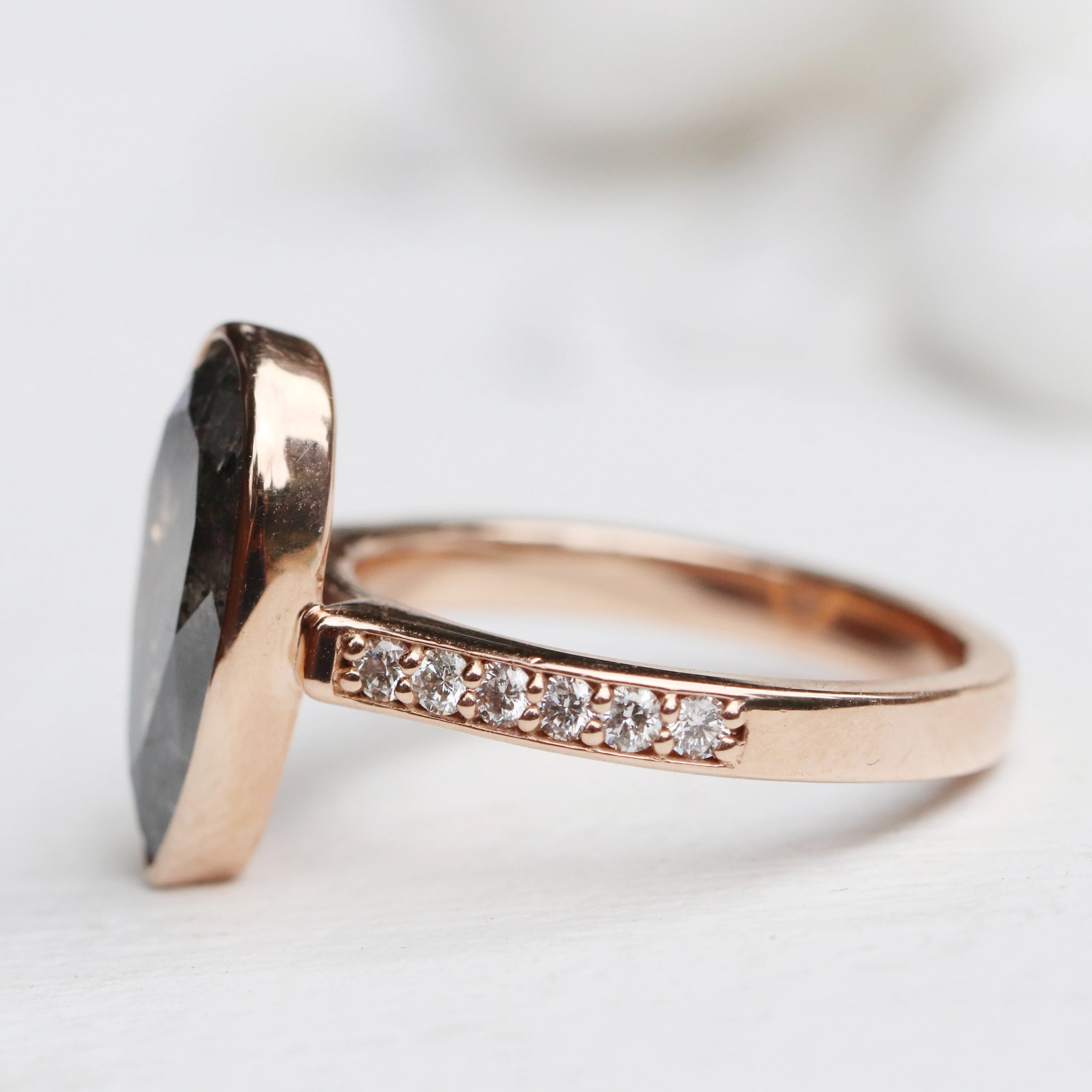 Project: Custom Corie Bezel Set Salt and Pepper Black Pear Diamond in 14k - Image 4