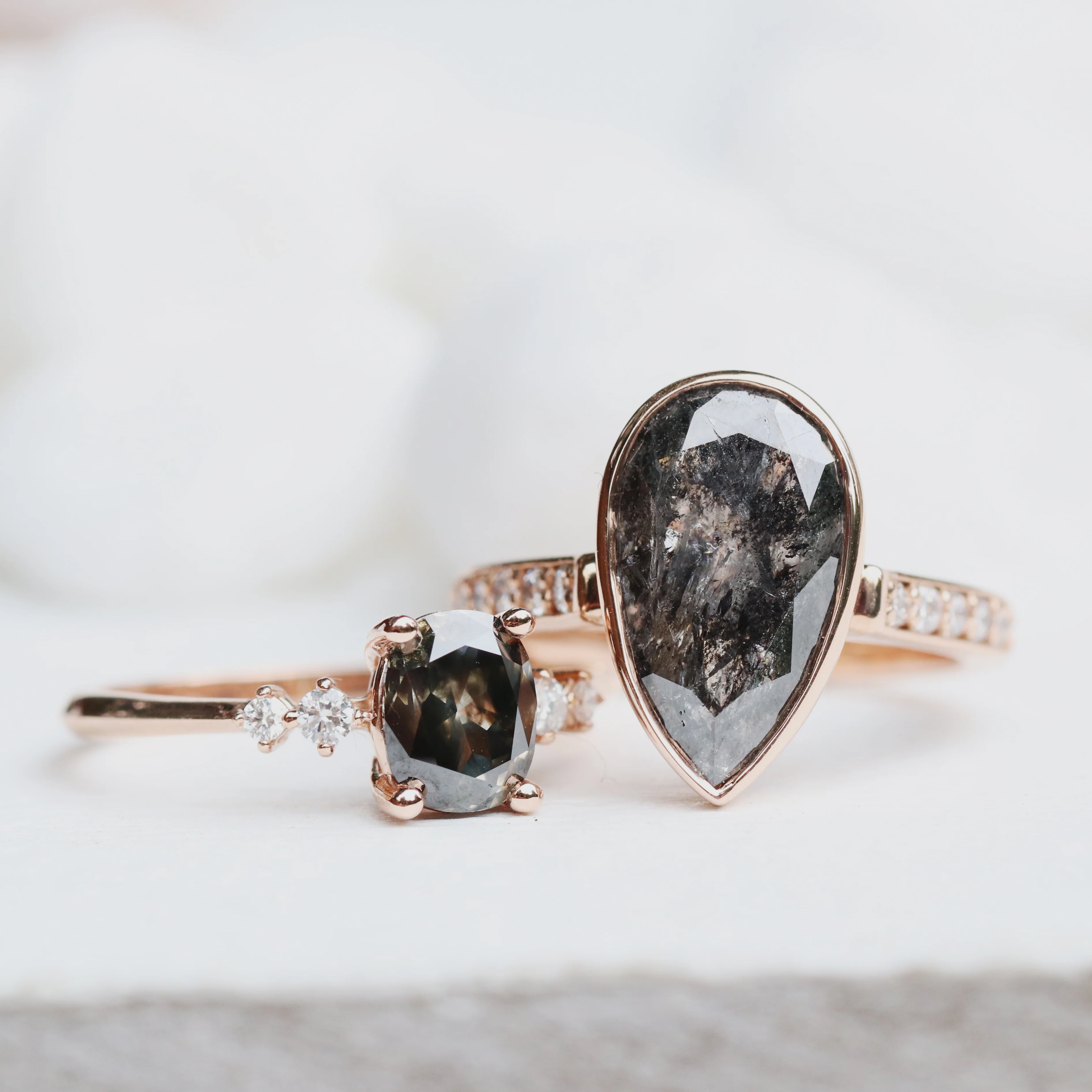 Project: Custom Corie Bezel Set Salt and Pepper Black Pear Diamond in 14k - Image 5