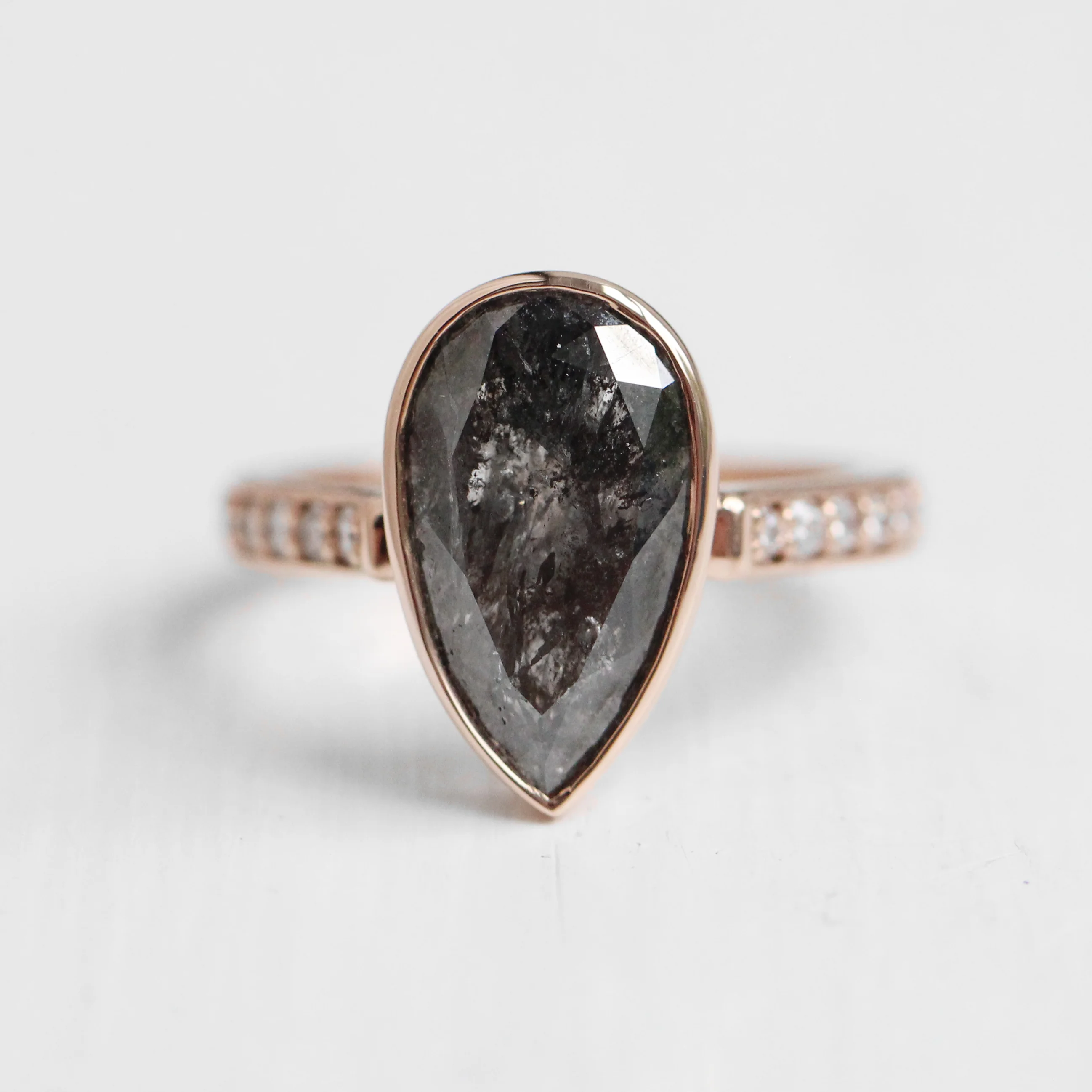 Project: Custom Corie Bezel Set Salt and Pepper Black Pear Diamond in 14k - Image 6